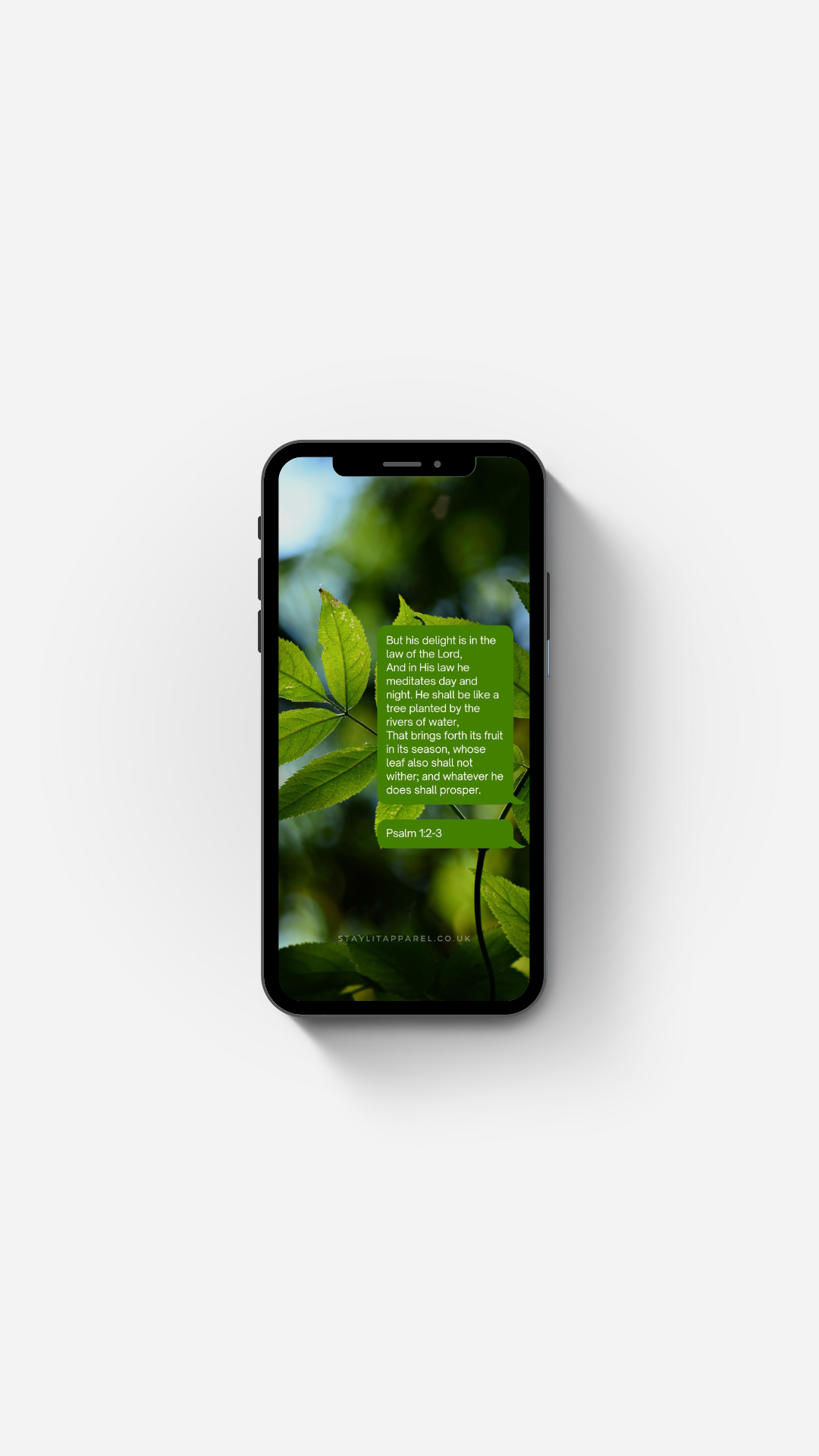 Phone with a green leafy design and text on a white background Bible Verse Wallpaper by Stay Lit Apparel