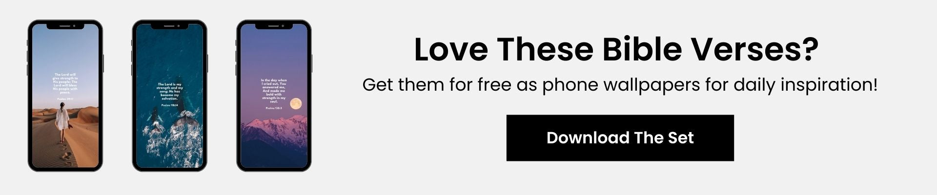 Three smartphone screens displaying Bible verse wallpapers with promotional text and a download button.