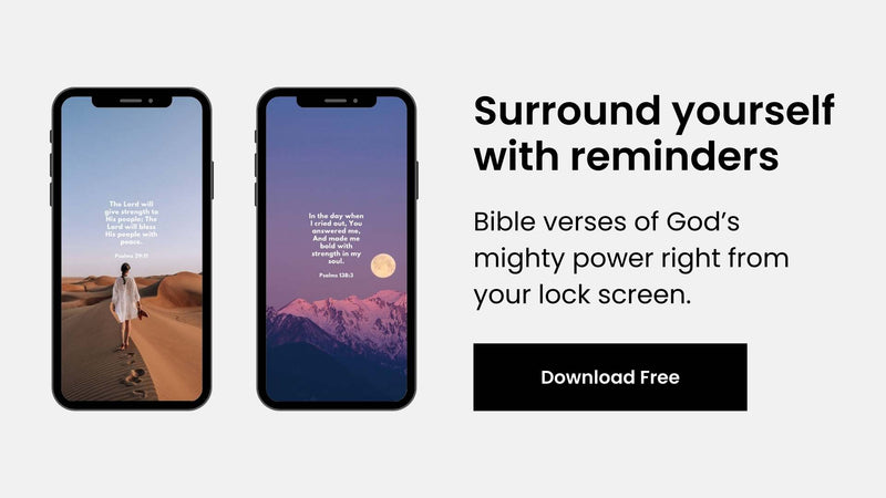 Two smartphone screens displaying Bible verses with promotional text on a white background