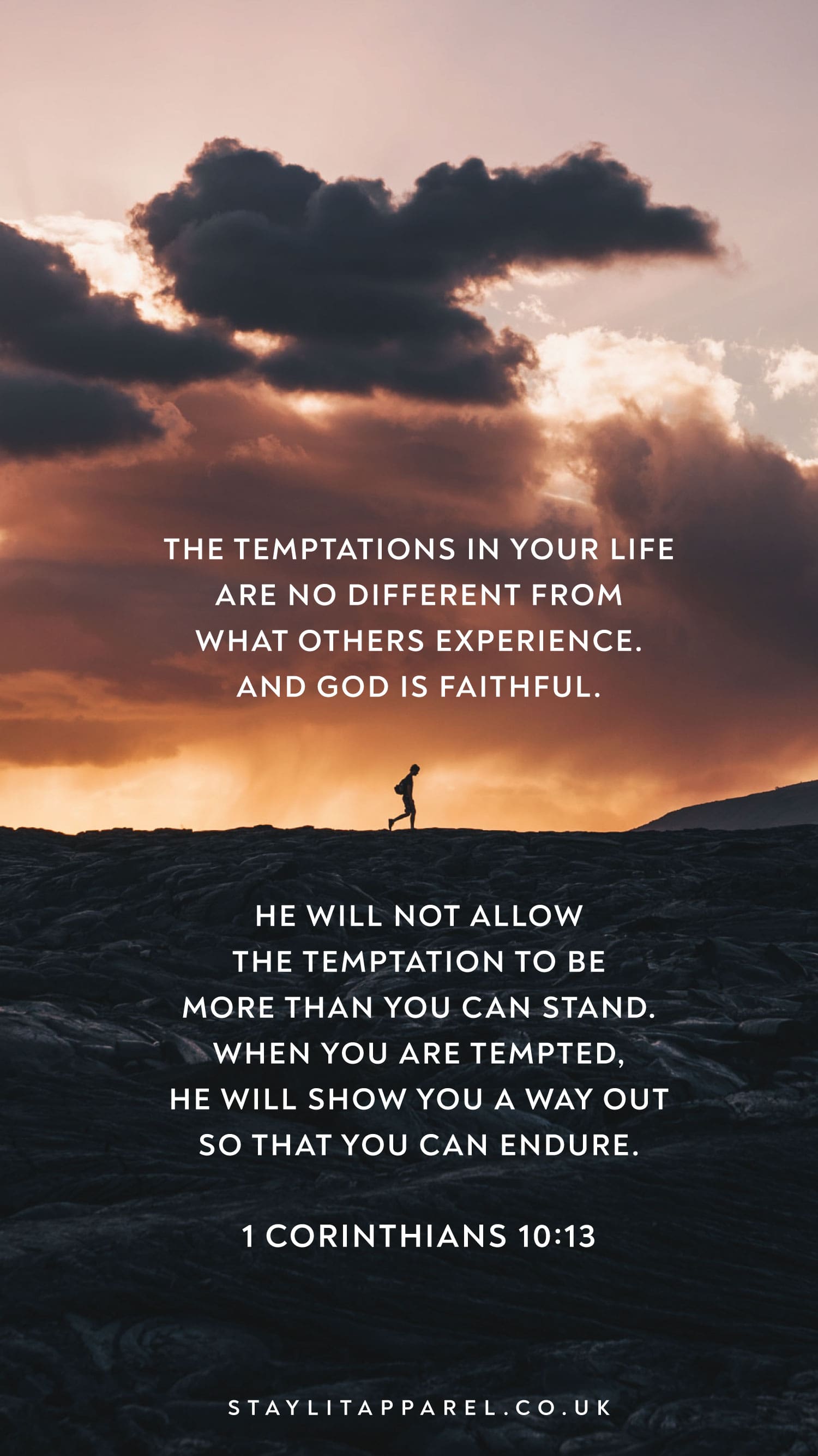 Person standing on a rocky outcrop with dramatic clouds and sunset, featuring a motivational quote.
