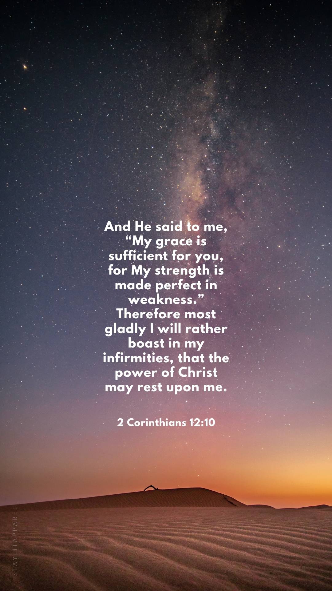 Digital artwork of 2 Corinthians 12:10 Bible verse over a starry desert sky, part of 16 Bible Verses About God's Mighty Power | Free Download collection.