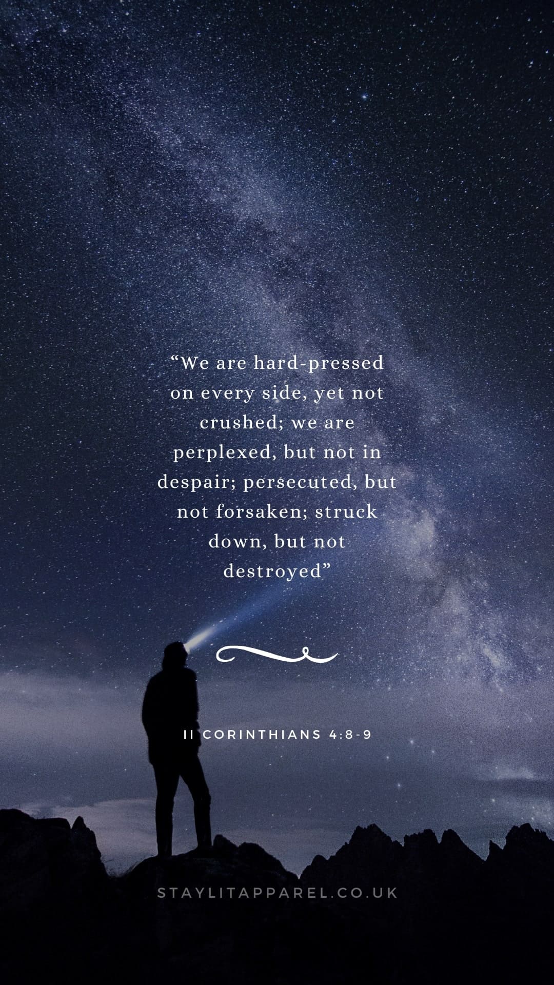 Person standing on a mountain with a starry night sky and a biblical quote.