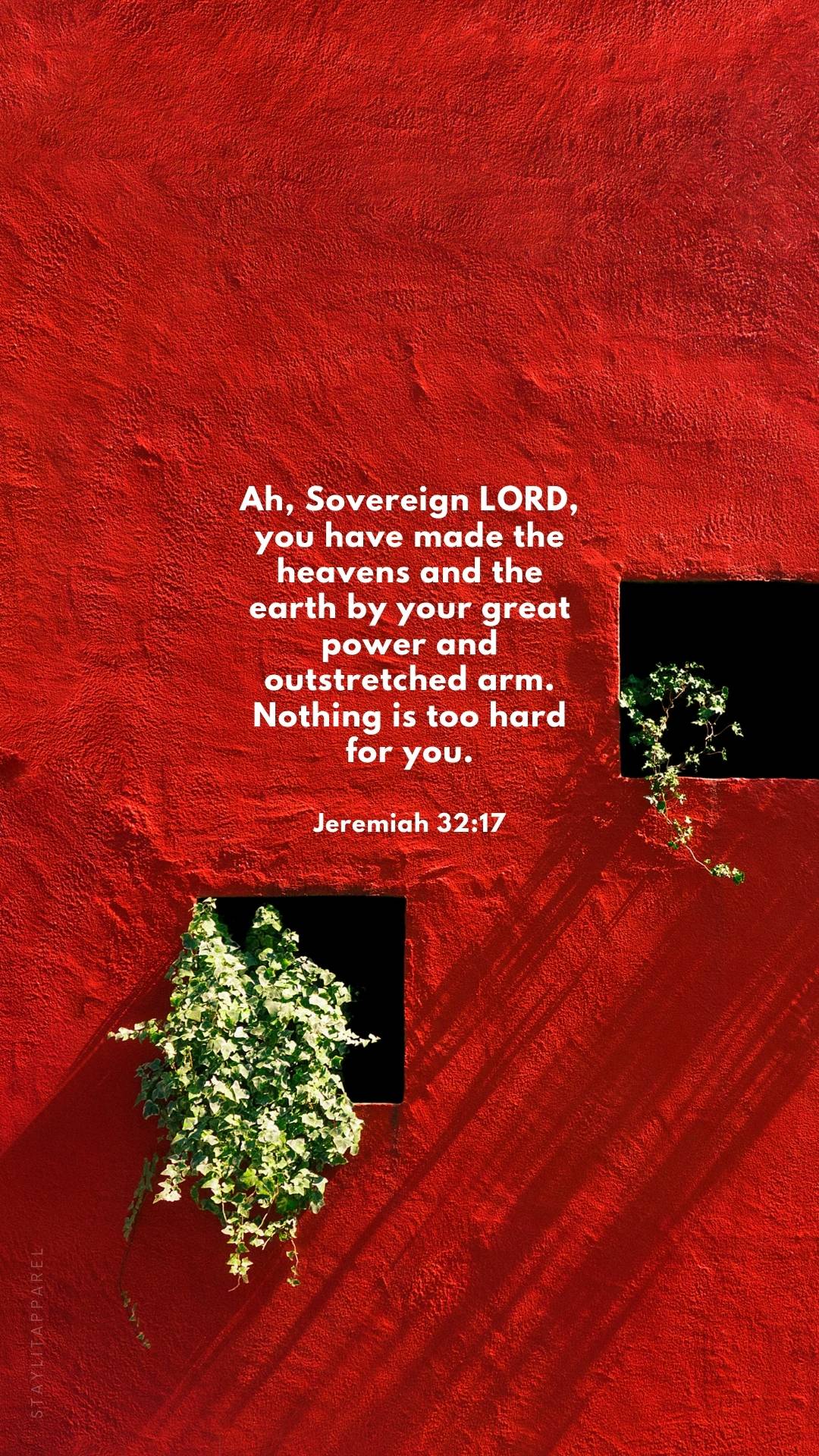 Jeremiah 32:17 Bible verse on red wall with green plant, included in 16 Bible Verses About God's Mighty Power | Free Download digital wallpaper set.