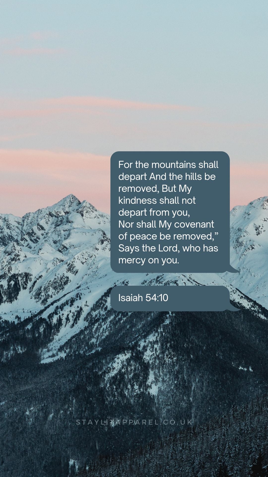 Mountains with a quote from Isaiah 54:10 on a blue background