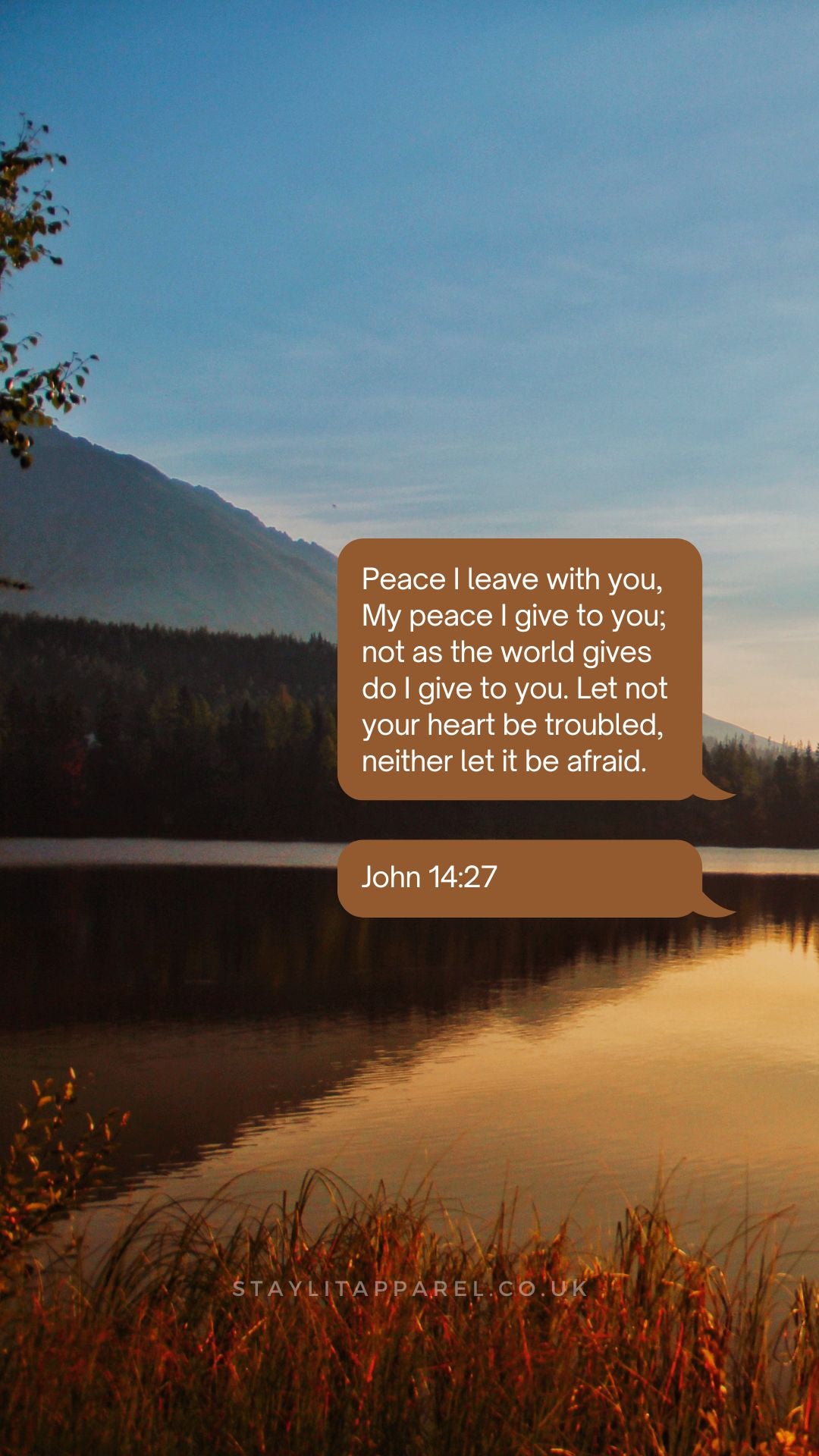 Peaceful landscape with a quote from John 14:27 overlayed on a brown speech bubble.