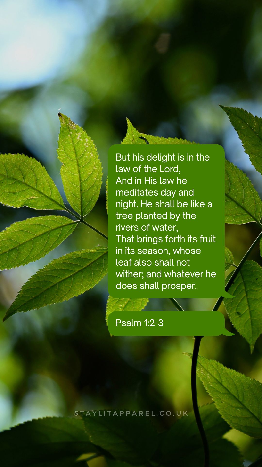 Green leaf with Psalm 12:3 text overlay on a blurred green background