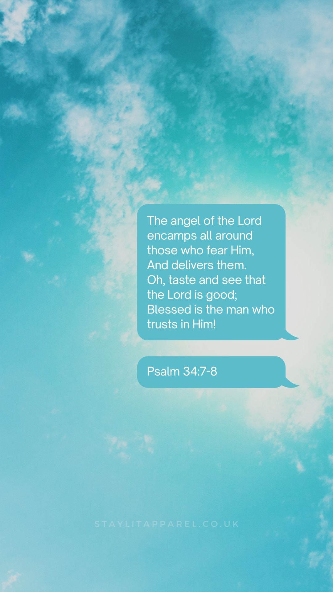 Blue sky with white clouds and a blue text box containing a quote from Psalm 34:7-8.