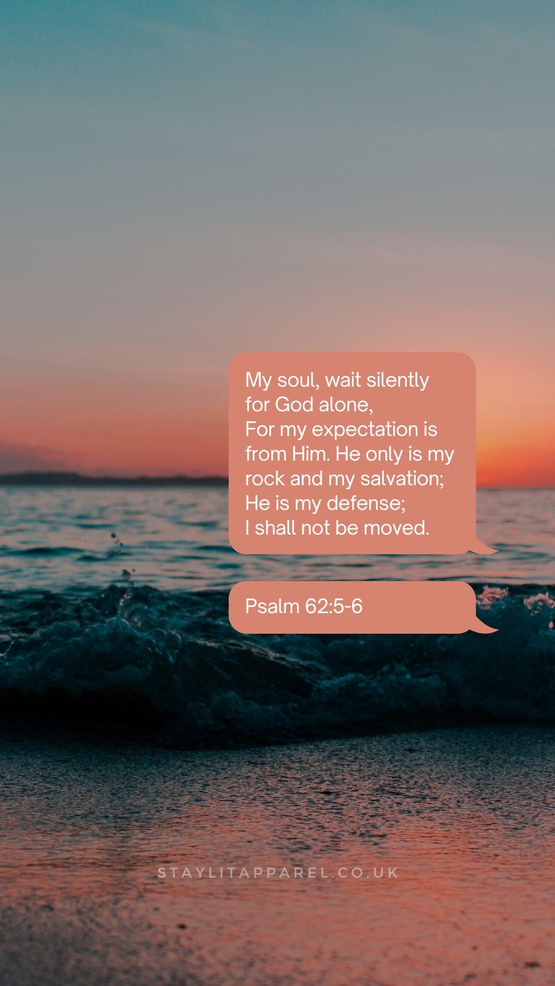Sunset over water with a quote from Psalm 62:5-6 on a pink background