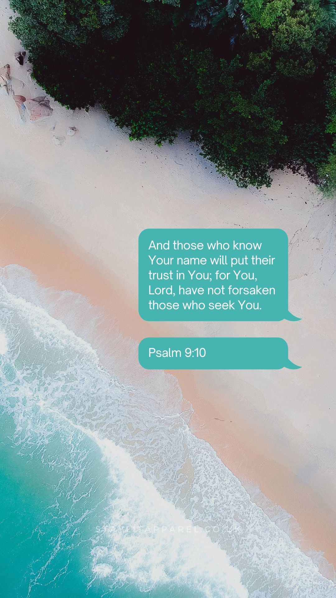 Aerial view of a beach with greenery, overlaid with a Bible verse text.