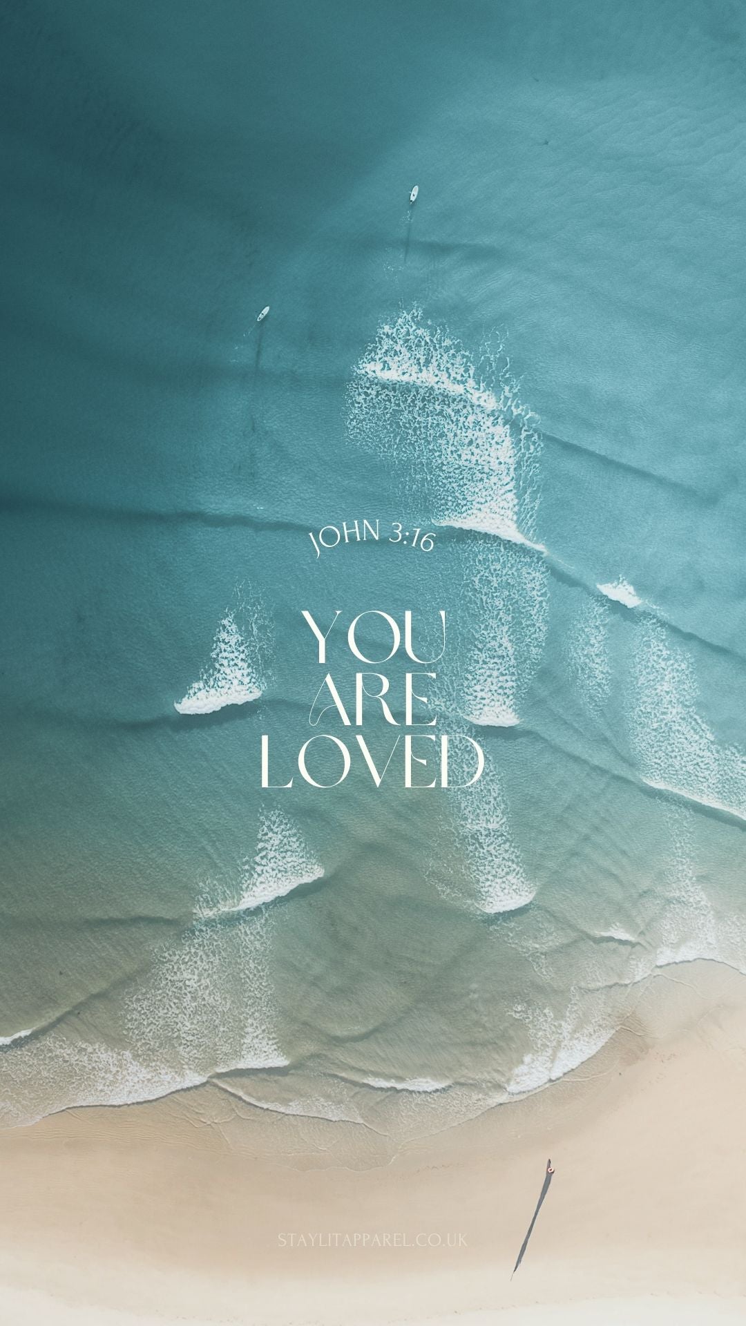 Text 'YOU ARE LOVED' with 'John 3:16' on a background of water and sand.