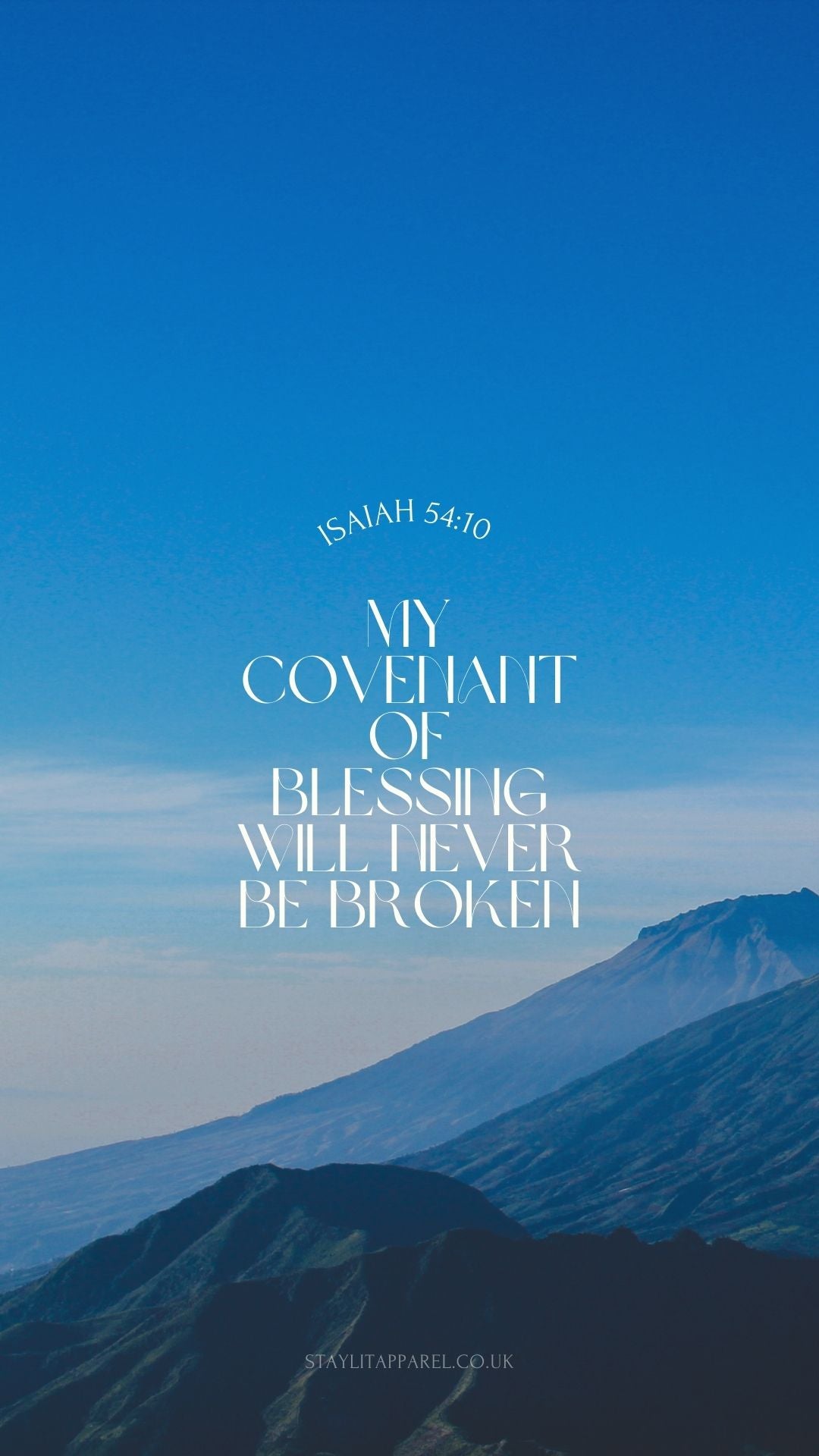 Mountains with a blue sky and a biblical quote about covenant of blessing