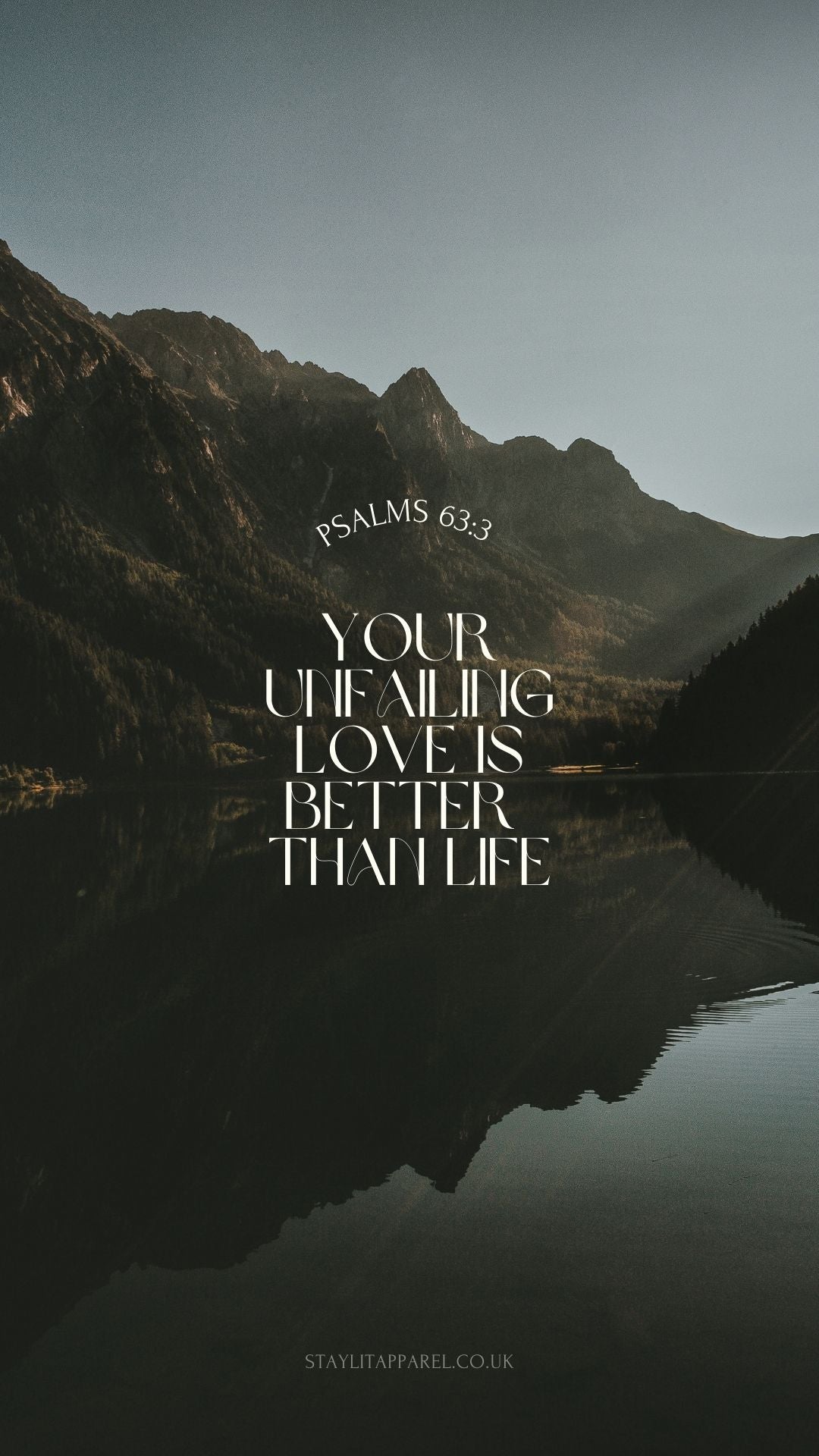 Mountain landscape with reflective water and Psalms 63:3 text overlay.