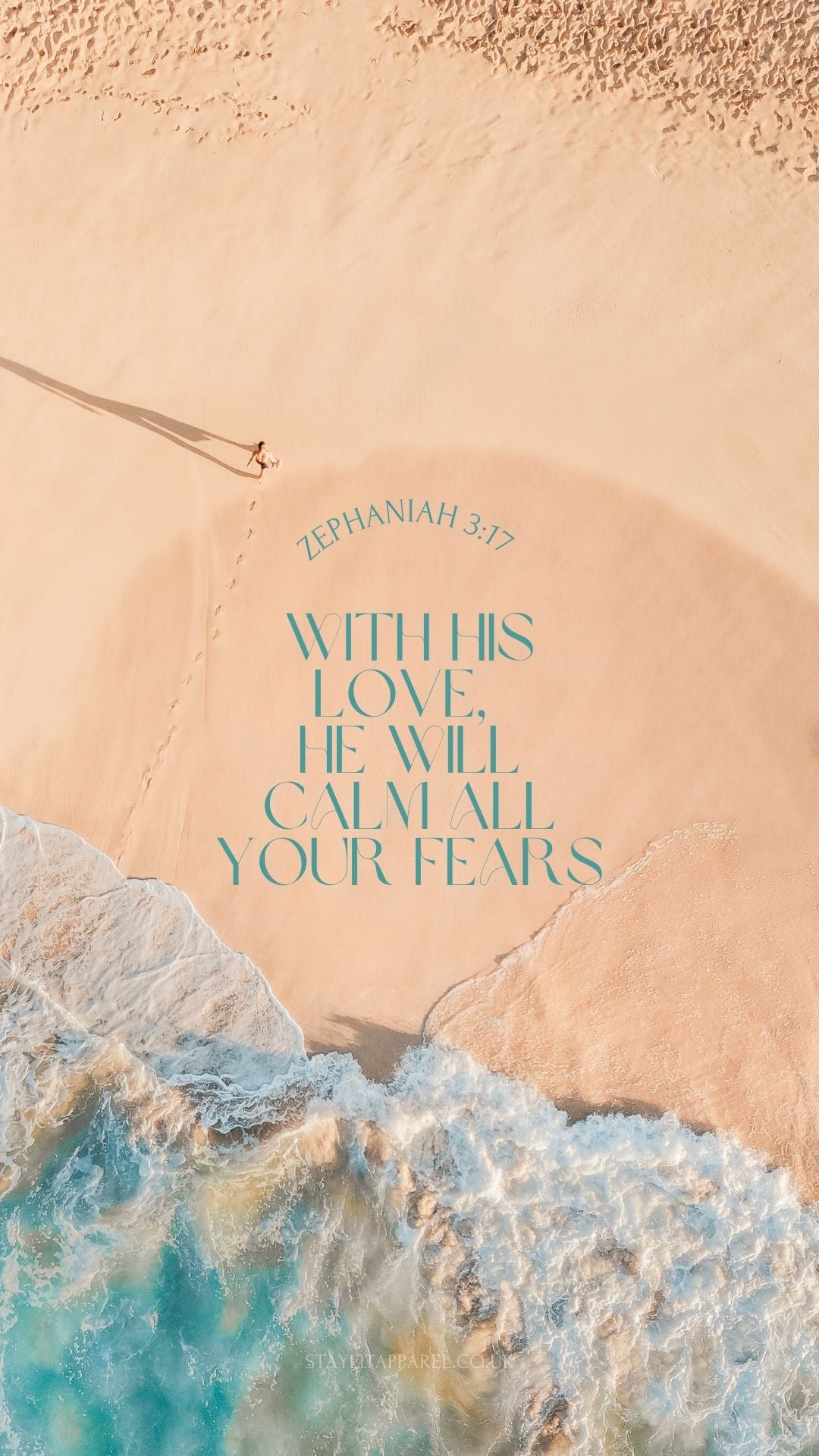 Beach scene with waves and text overlay 'With His Love, He Will Calm All Your Fears' on Zephaniah 3:17.