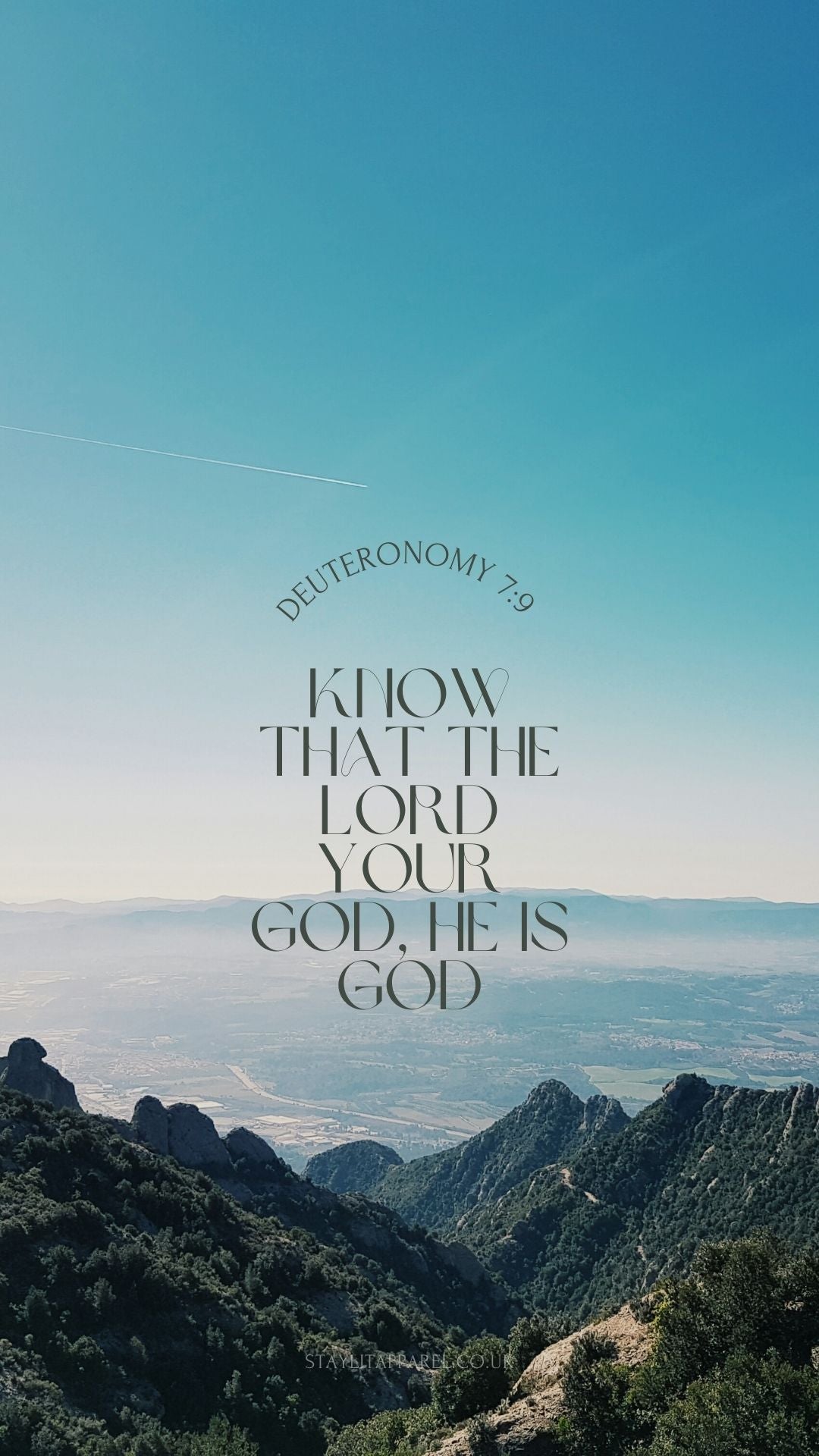 Mountain landscape with a clear blue sky and a biblical quote overlay.