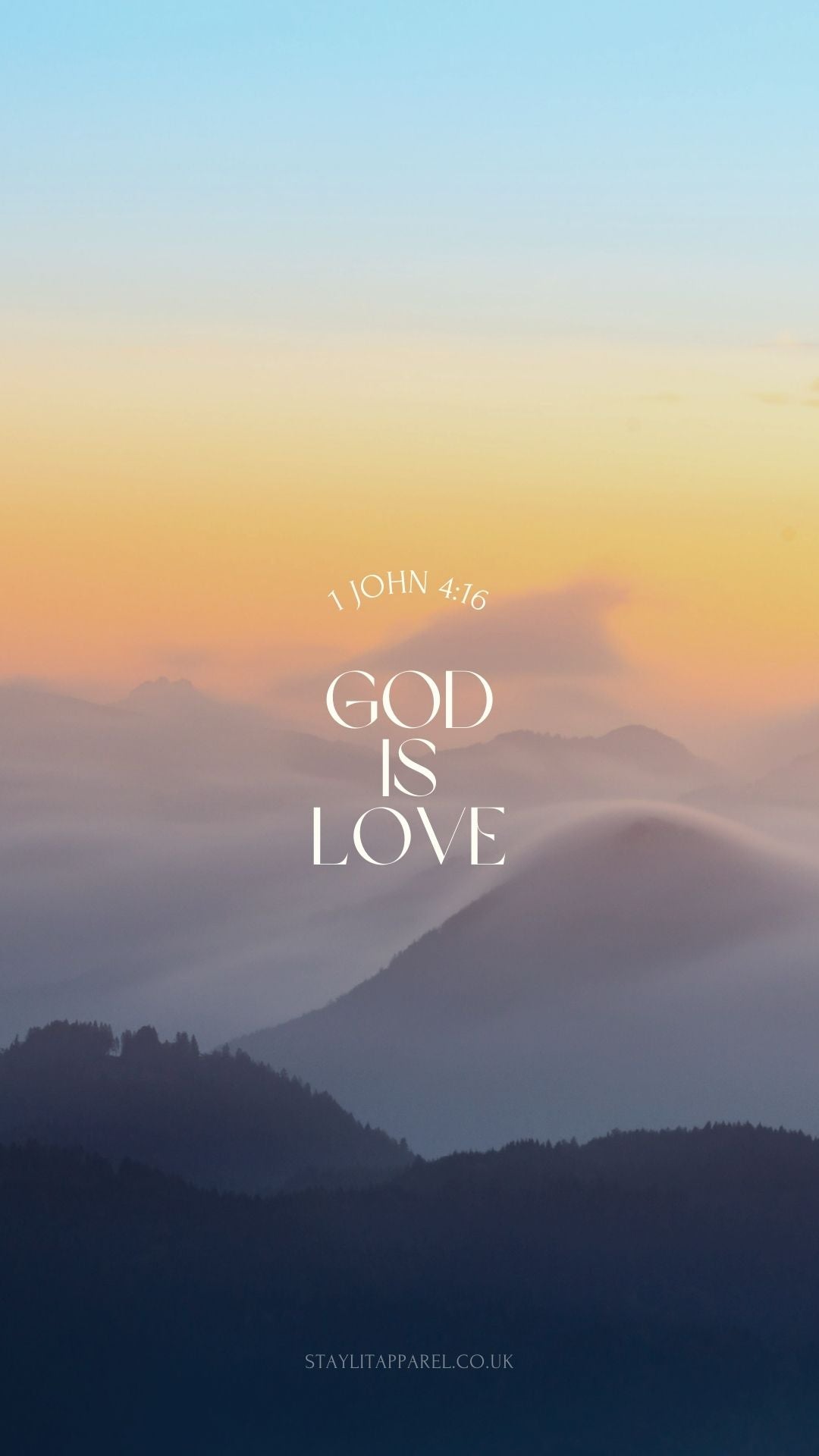 Mountain landscape with 'God is Love' text overlay and a gradient sky.