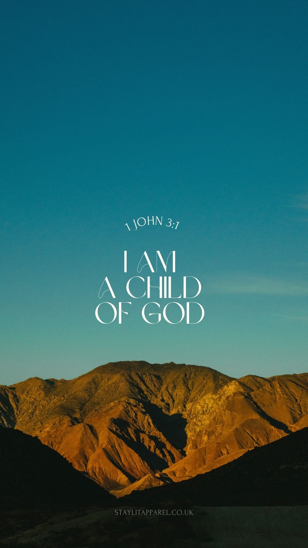 Mountain landscape with 'I am a child of God' text against a blue sky