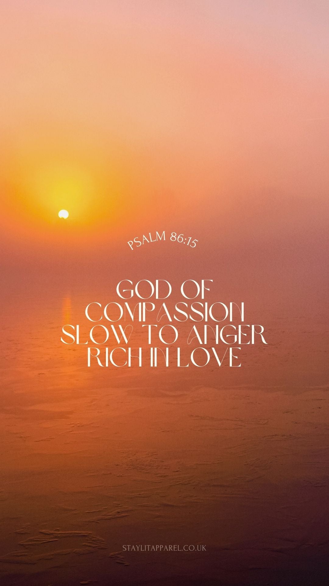 Sunset over water with Psalm 86:15 text overlay