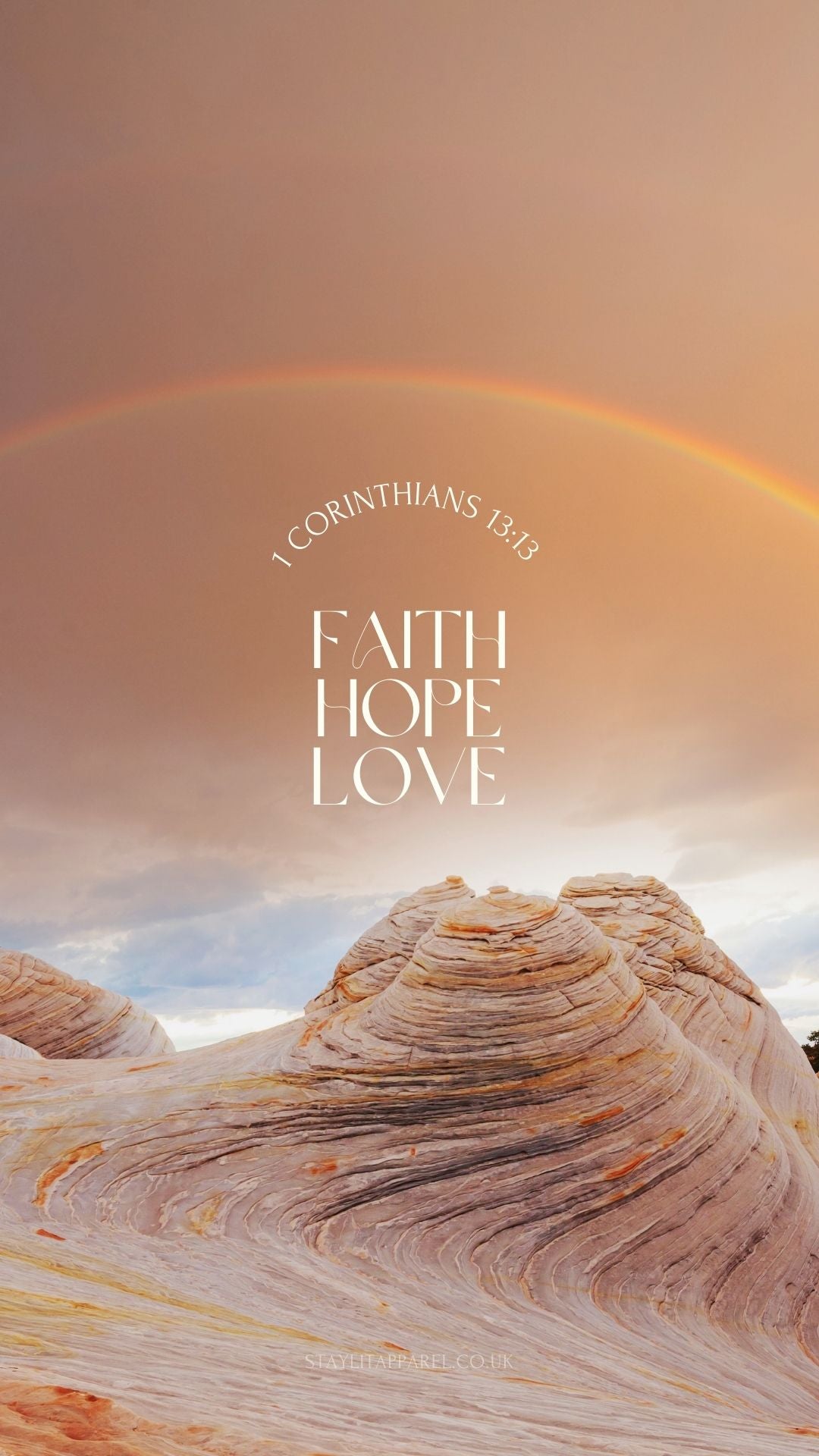 Desert landscape with rainbow and '1 Corinthians 13:13 Faith Hope Love' text