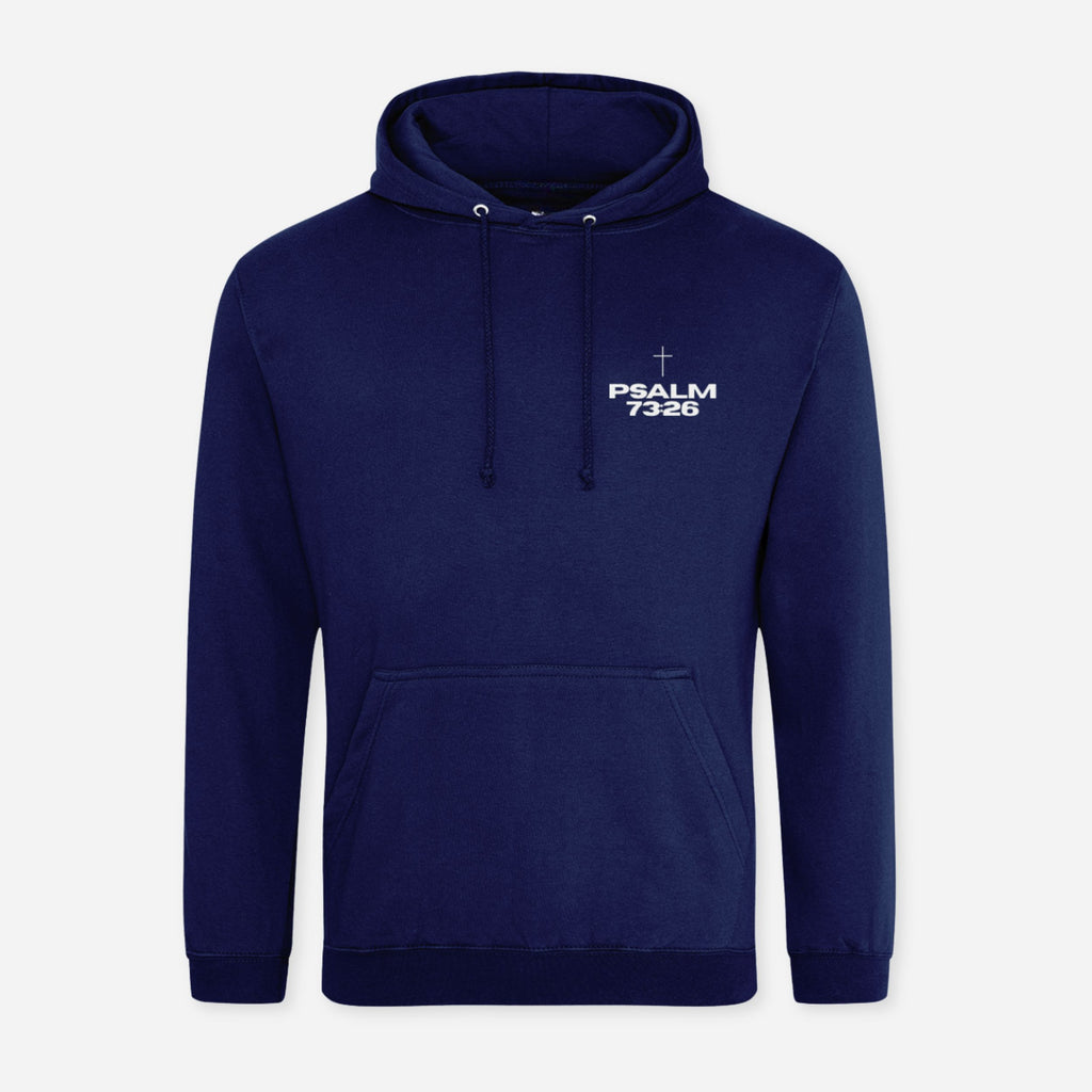 A navy blue pullover hoodie with a white printed graphic on the left chest reading 'PSALM 73:8' with a small cross above it, shown on a light gray background.