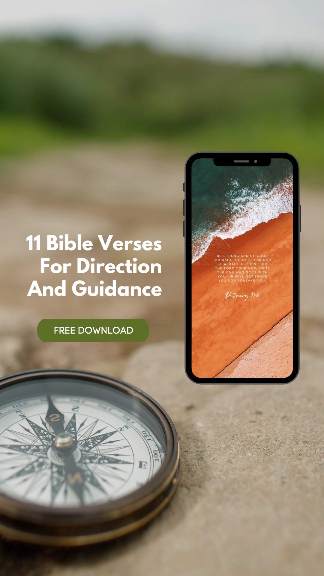 Phone displaying Bible verses with a compass and scenic background