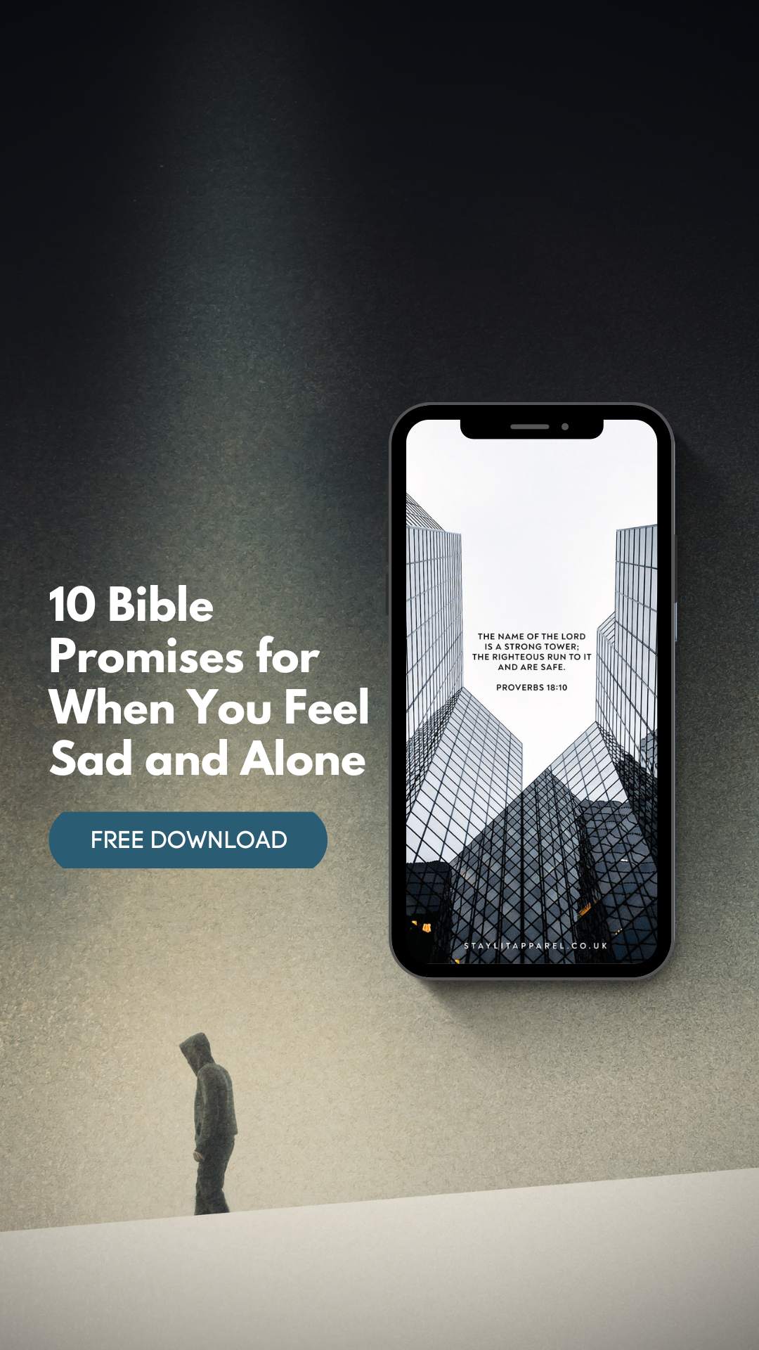 Phone displaying Bible verse with text '10 Bible Promises for When You Feel Sad and Alone' and 'Free Download' on a dark background.