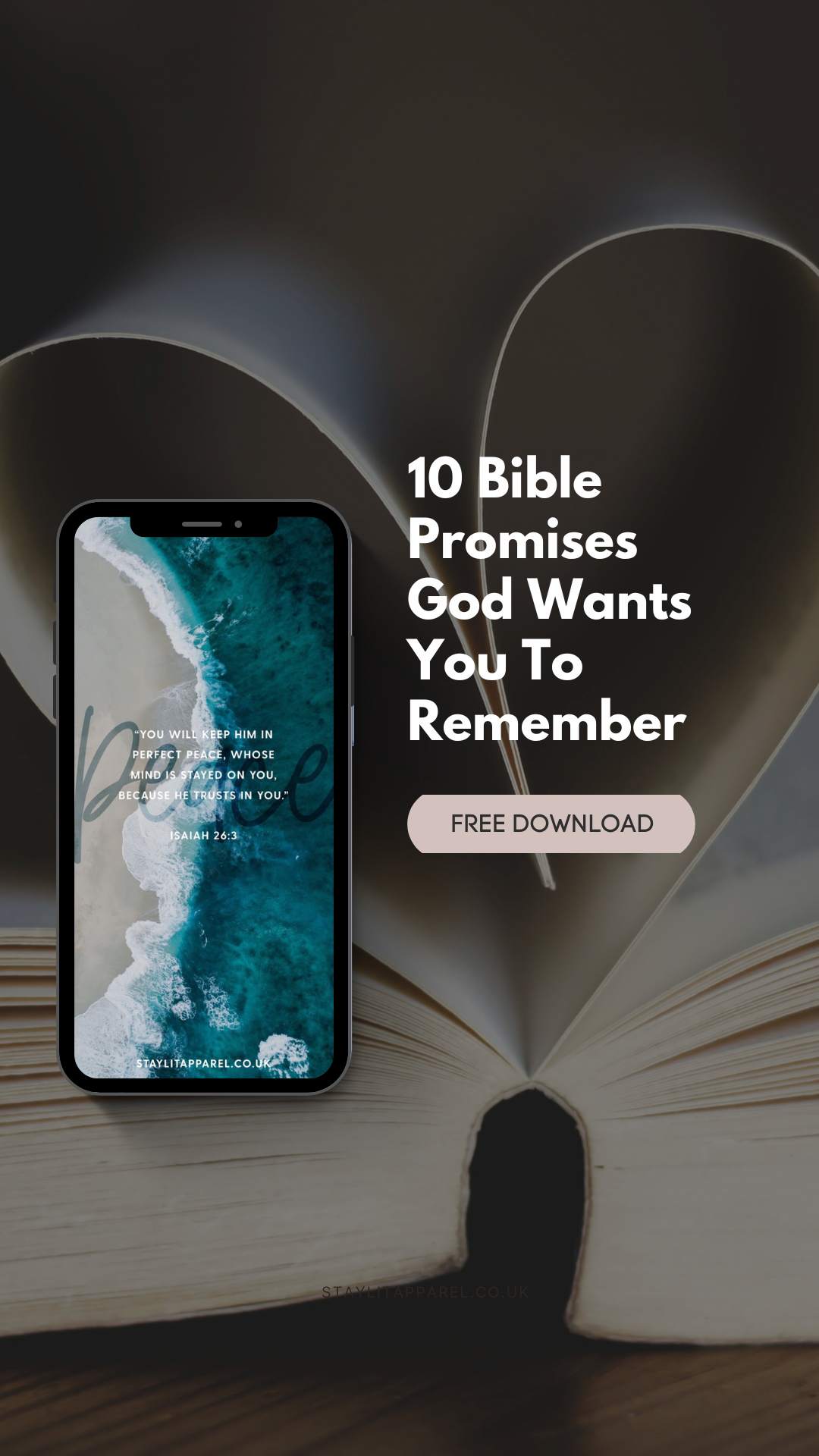 Open book with smartphone displaying a Bible verse app and text '10 Bible Promises God Wants You To Remember'.