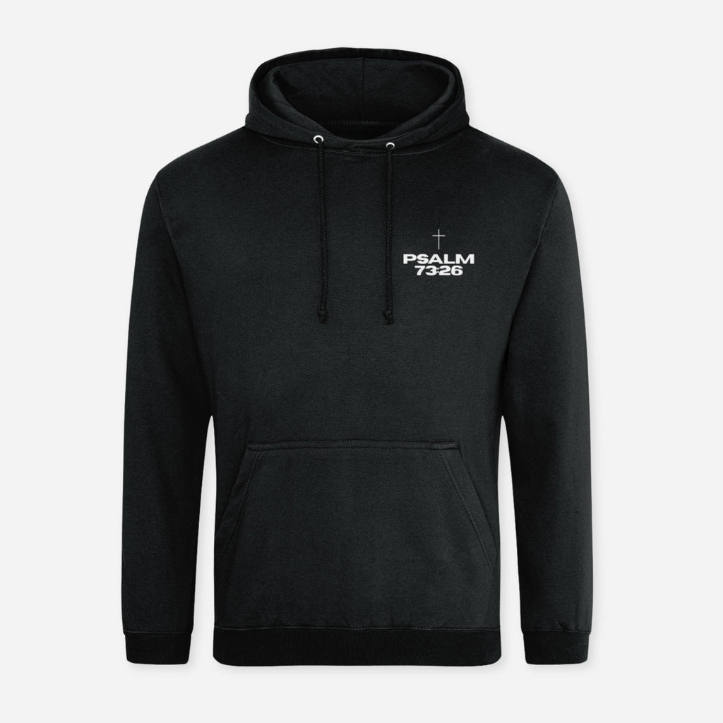 A black pullover hoodie with a white printed graphic on the left chest reading 'PSALM 73:28' with a small cross above it, shown on a light gray background.