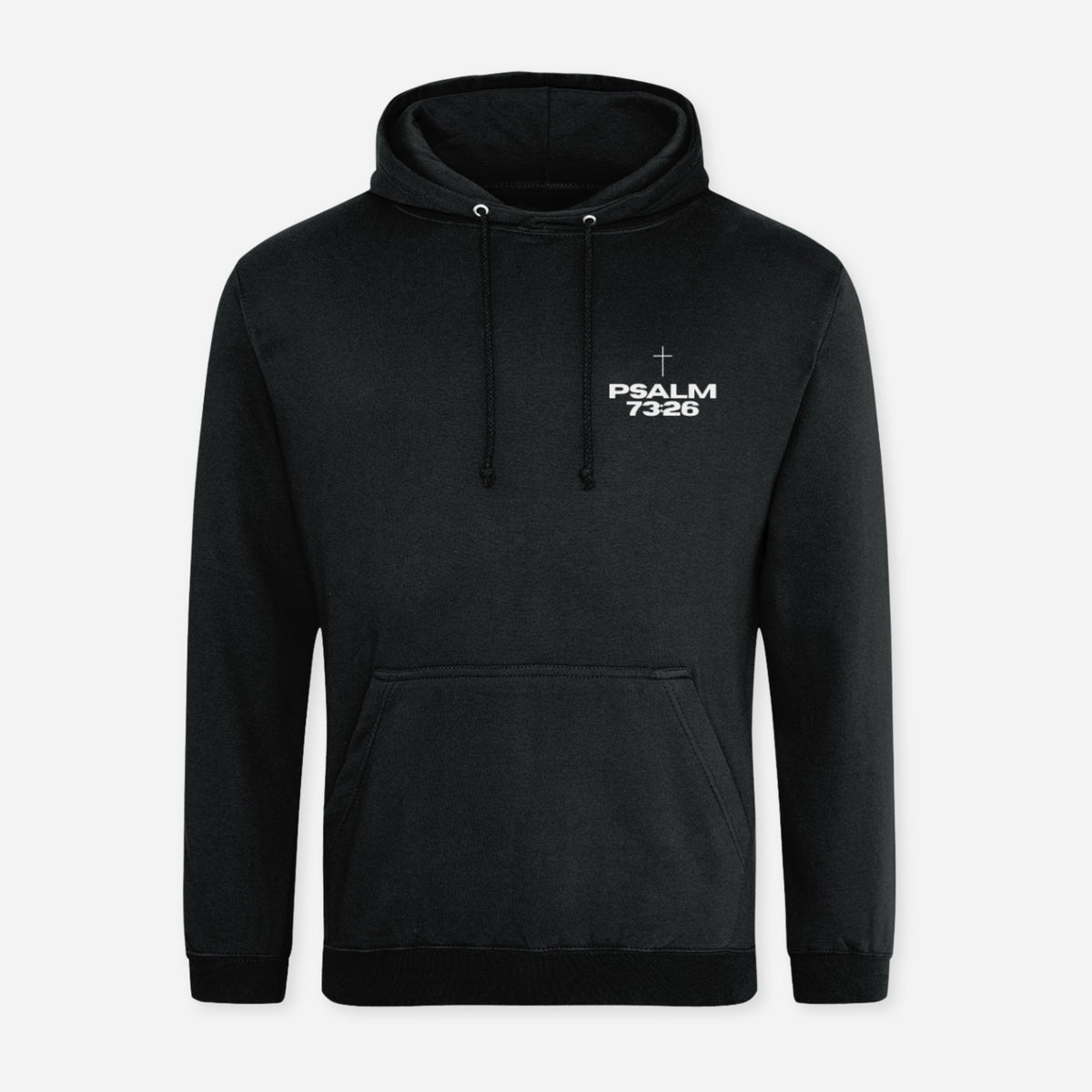 A black pullover hoodie with a white printed graphic on the left chest reading 'PSALM 73:28' with a small cross above it, shown on a light gray background.
