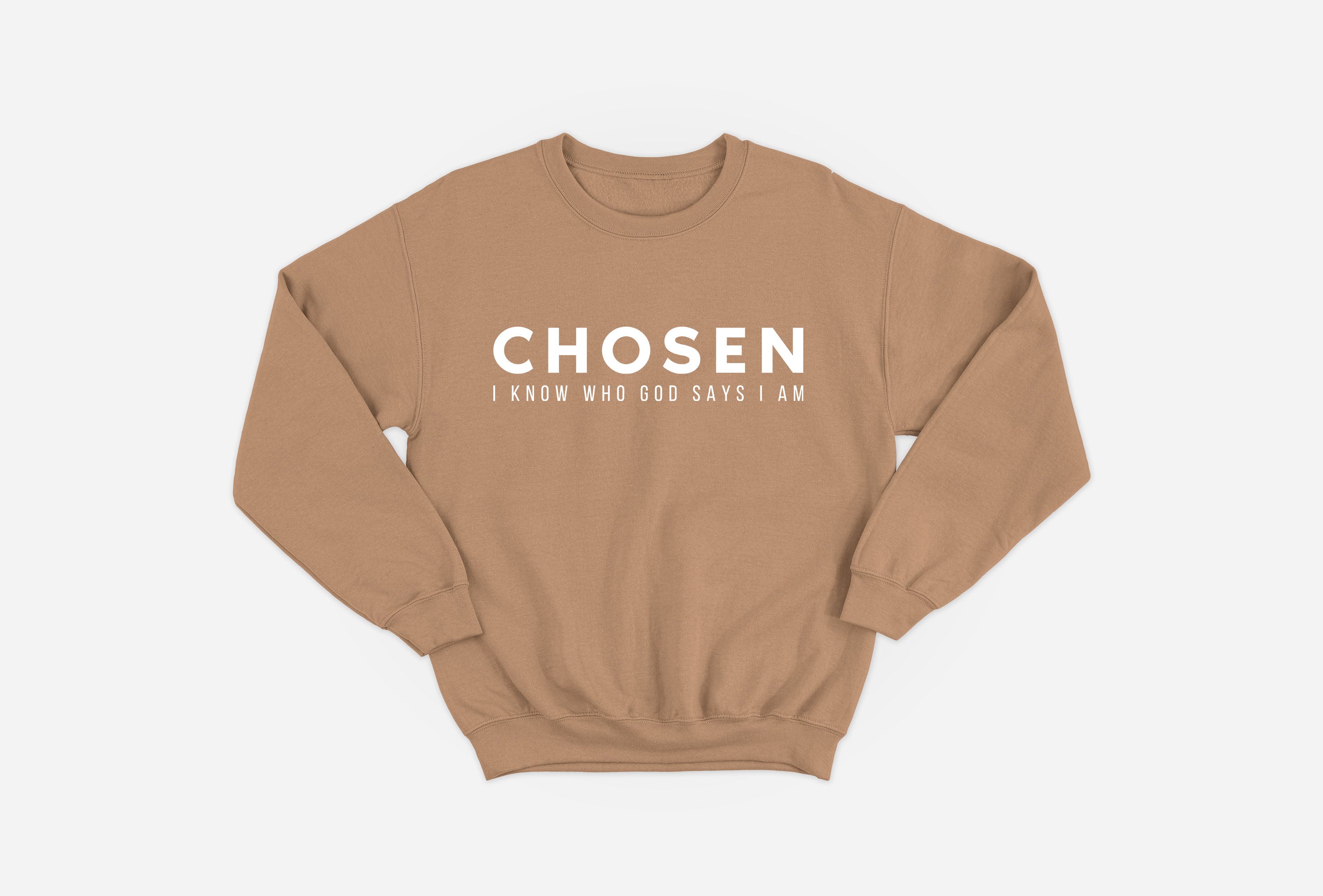 Chosen I Know Who God Says I Am Sweatshirt in tan by Stay Lit Apparel, featuring bold white inspirational text on front. Faith-based cozy pullover.