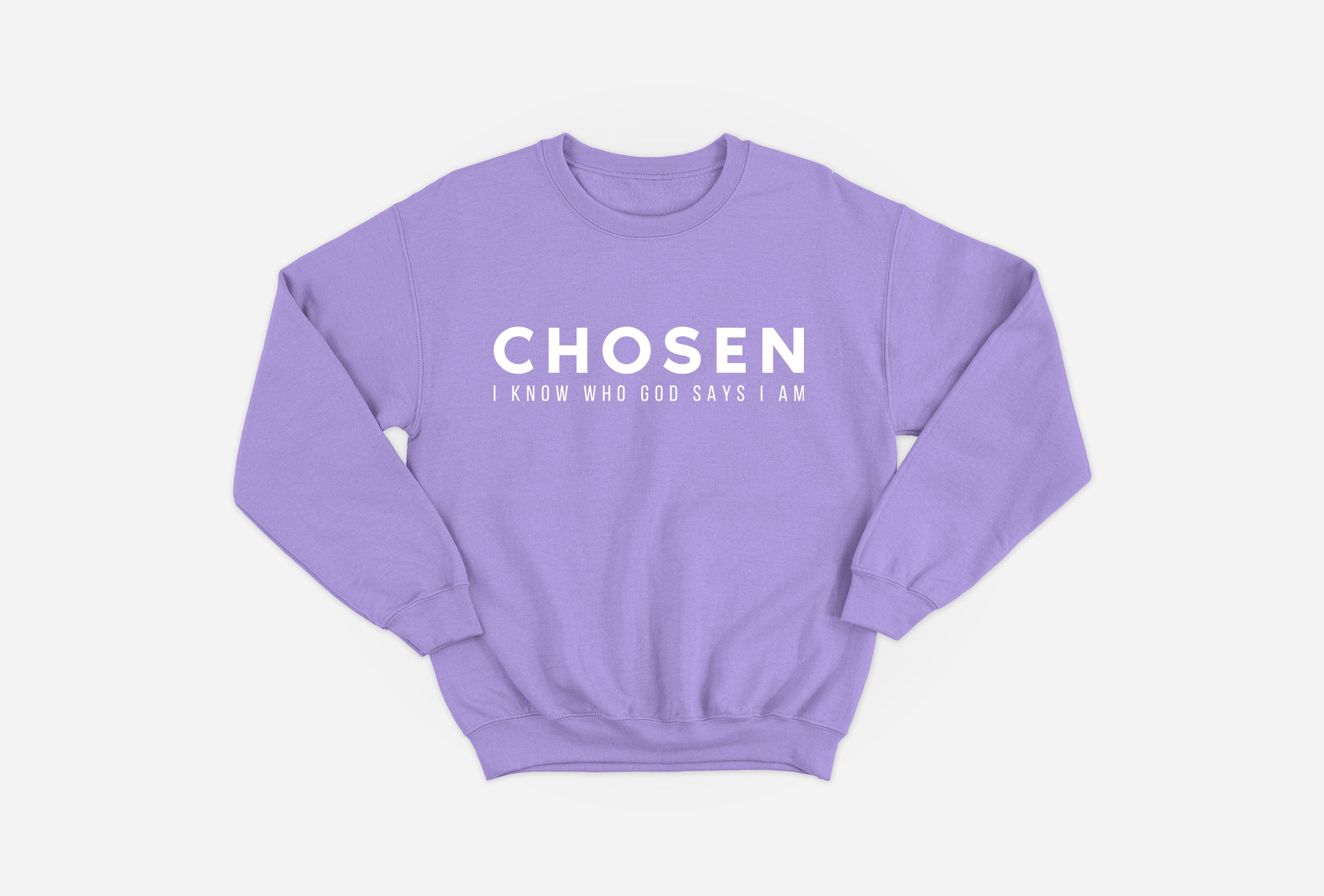 Lavender Chosen I Know Who God Says I Am Sweatshirt by Stay Lit Apparel, featuring bold white inspirational text for faith-based fashion lovers.