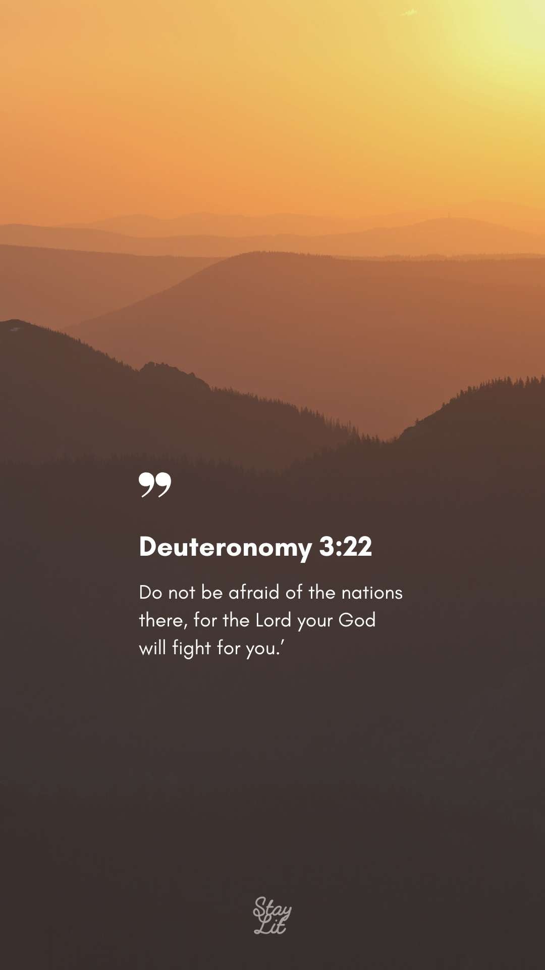 Deuteronomy 3:22 scripture phone wallpaper with golden mountain sunrise. Free digital artwork for overcoming fear with faith.