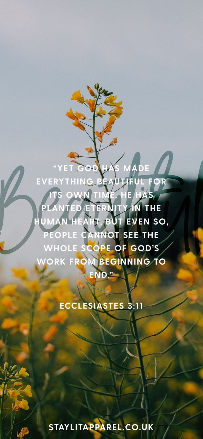 Floral background with a quote from Ecclesiastes 3:11 and a brand logo.