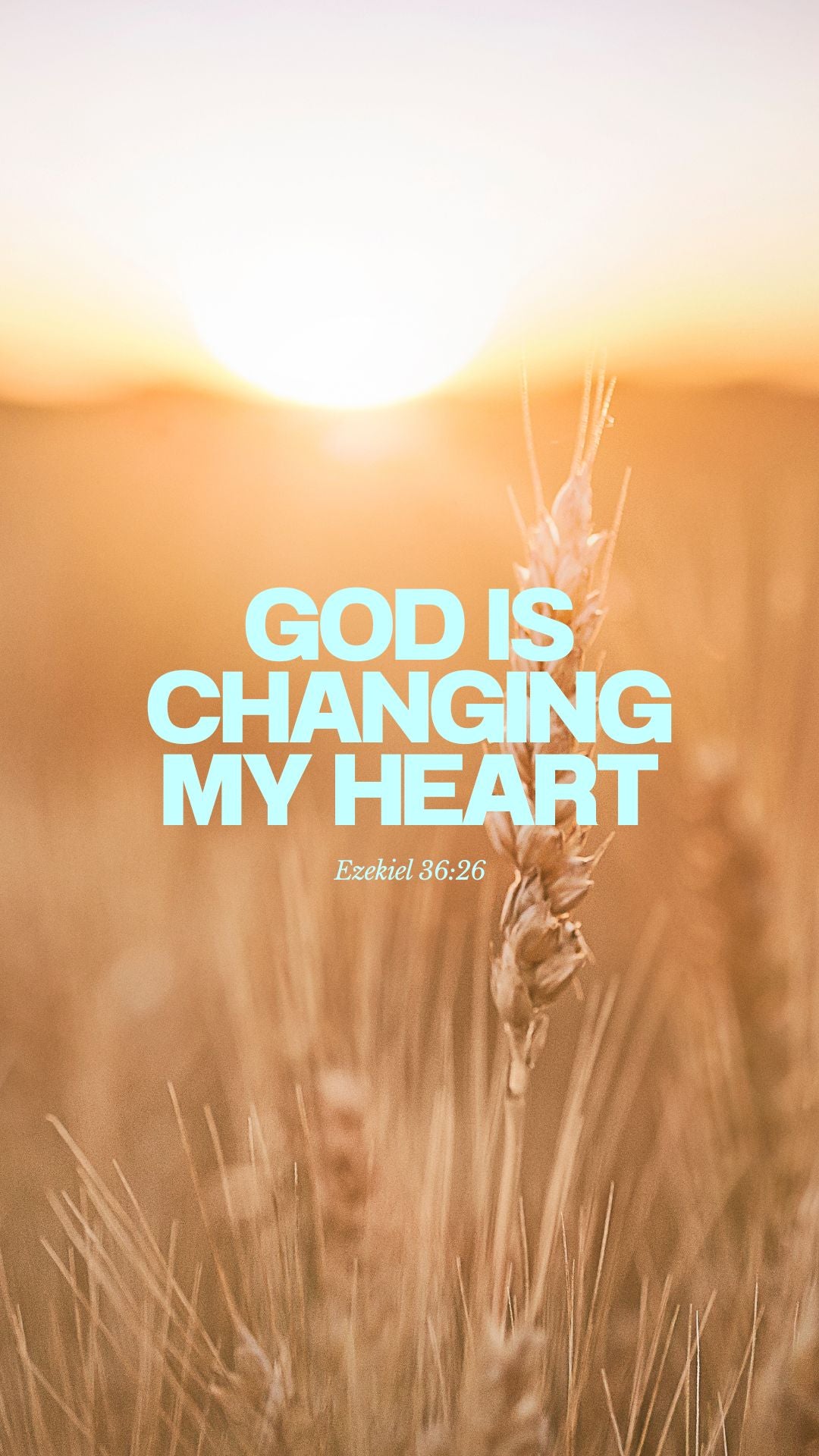 Text 'God is changing my heart' with a blurred background of a sunset over a field.