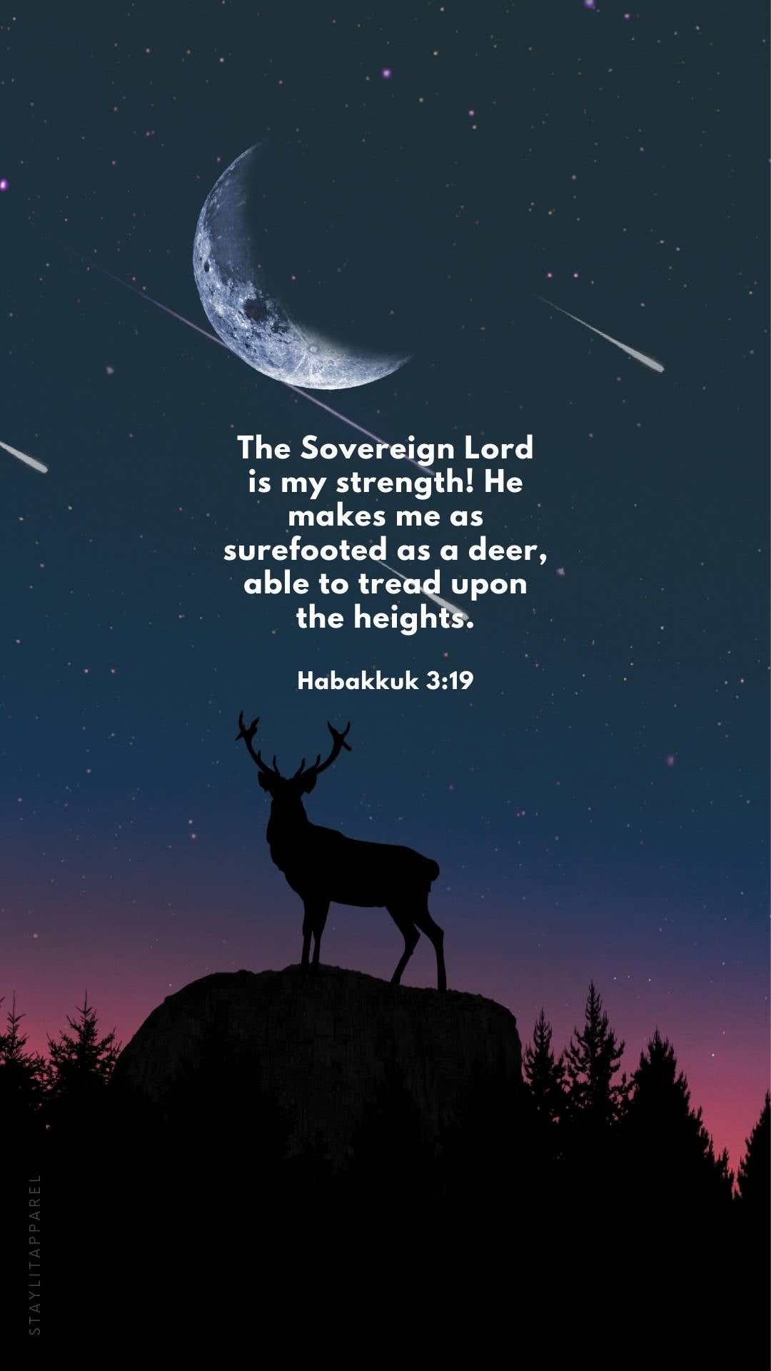 Habakkuk 3:19 verse with silhouette of deer under crescent moon, from 16 Bible Verses About God's Mighty Power | Free Download Christian wallpapers.