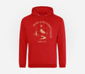 Red hoodie with 'Heaven Touched Earth' design and text on a white background