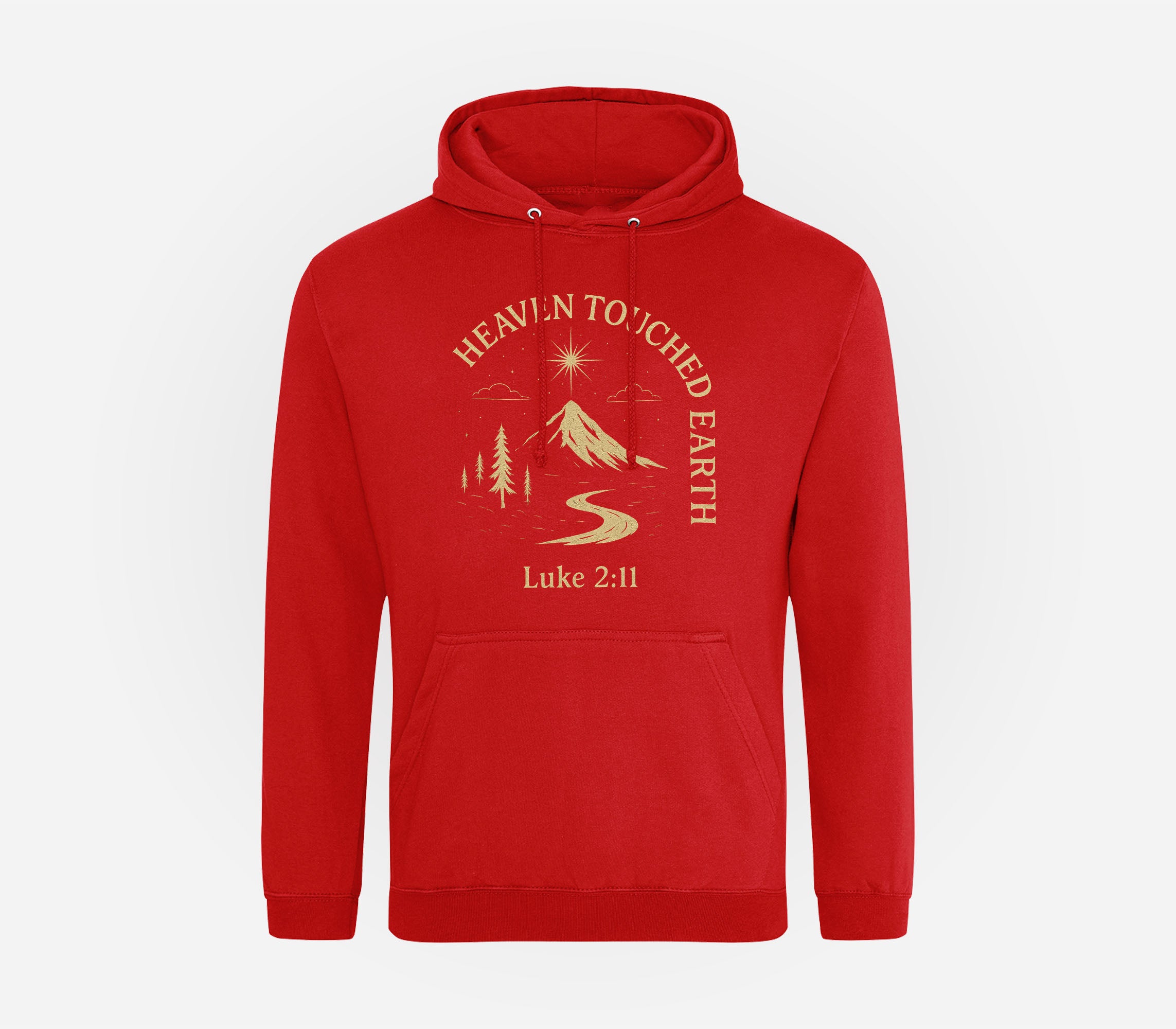 Red hoodie with 'Heaven Touched Earth' design and text on a white background
