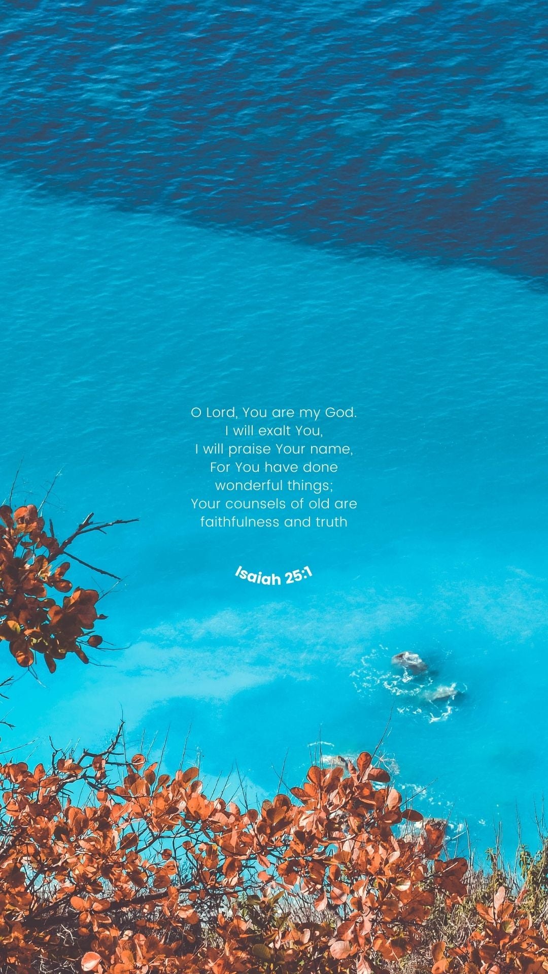 Blue ocean with orange foliage and a biblical verse on a white background