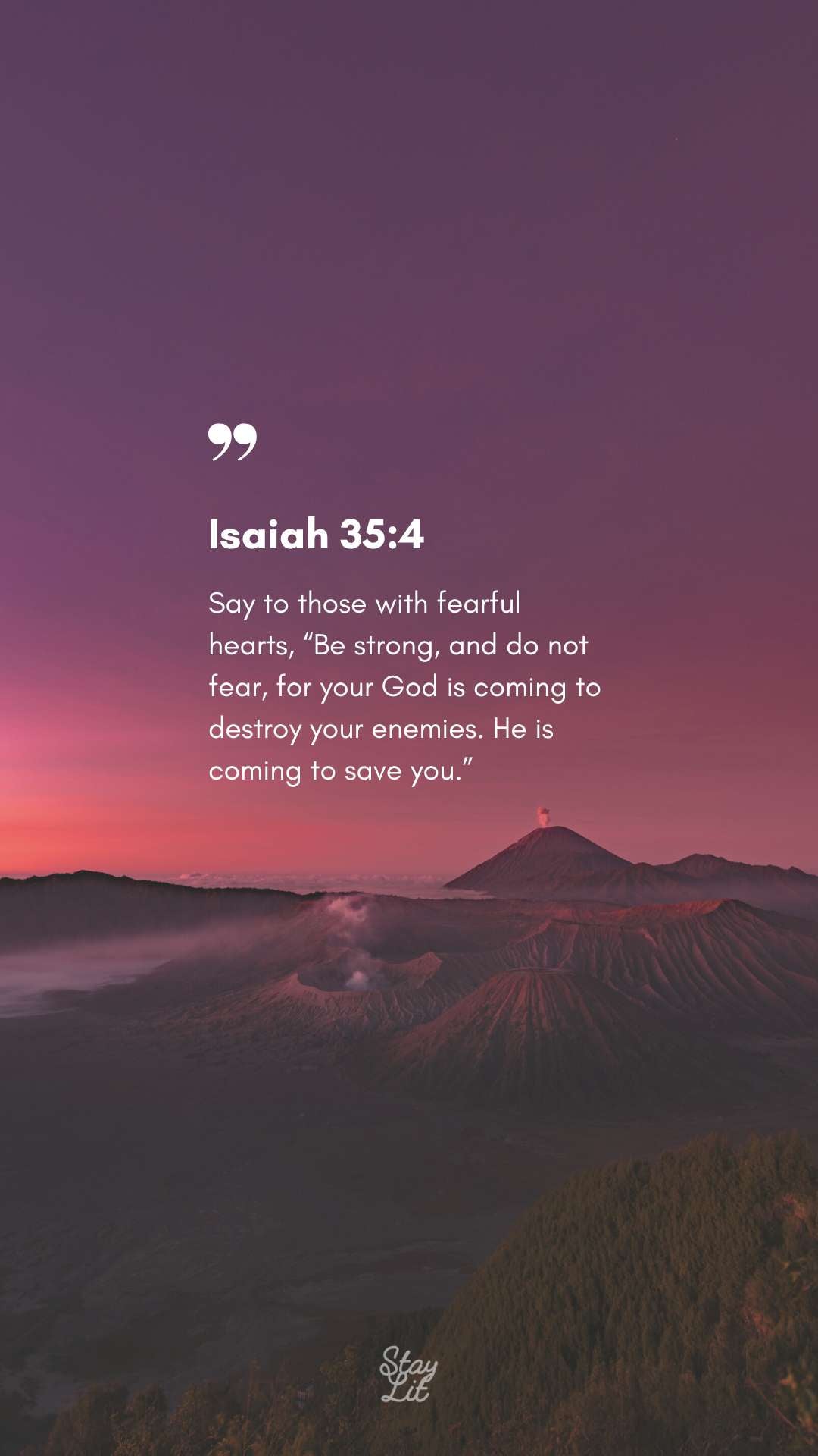 Isaiah 35:4 Bible verse wallpaper with purple mountain landscape. Digital scripture art for strength and courage in fearful times.