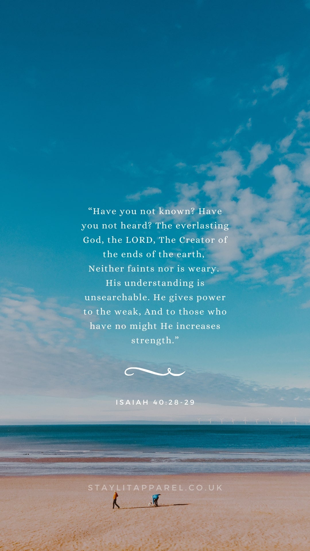 Beach scene with a blue sky and ocean, featuring a quote from Isaiah 40:28-29.
