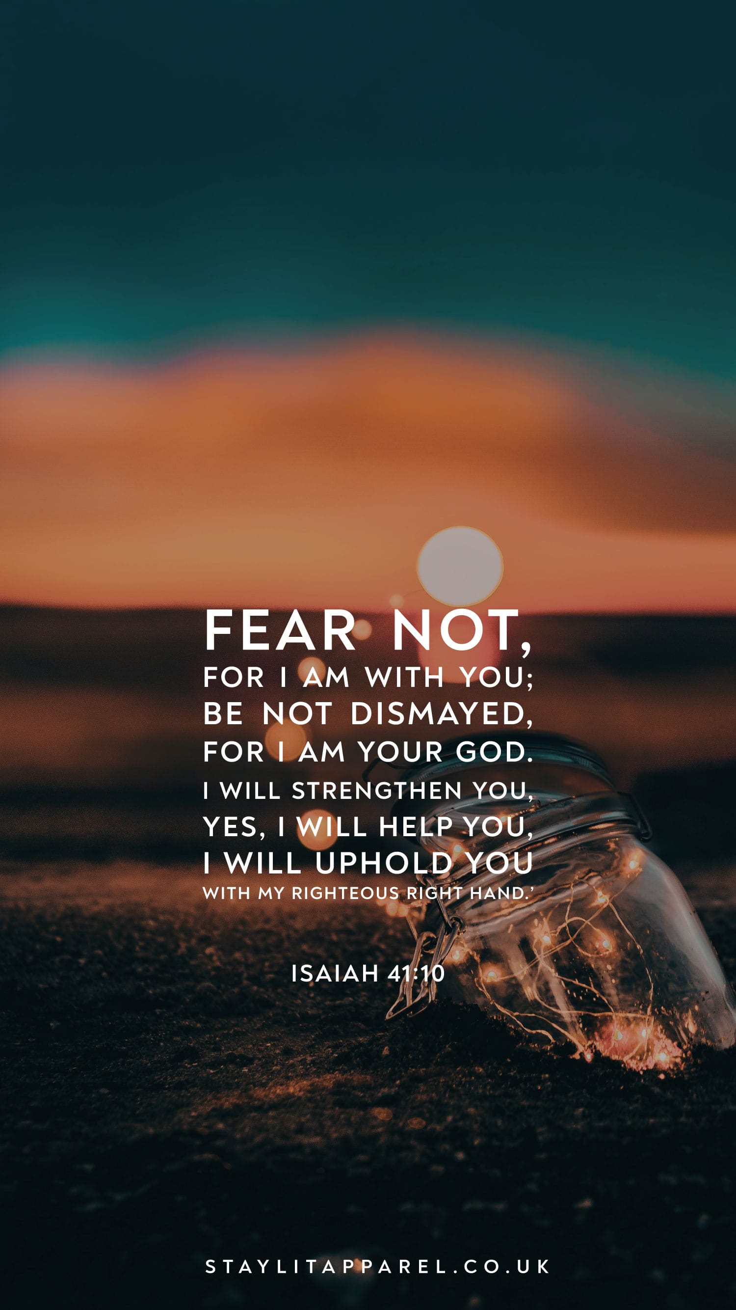 Textual quote from Isaiah 41:10 on a blurred sunset background with a person holding a lantern. 