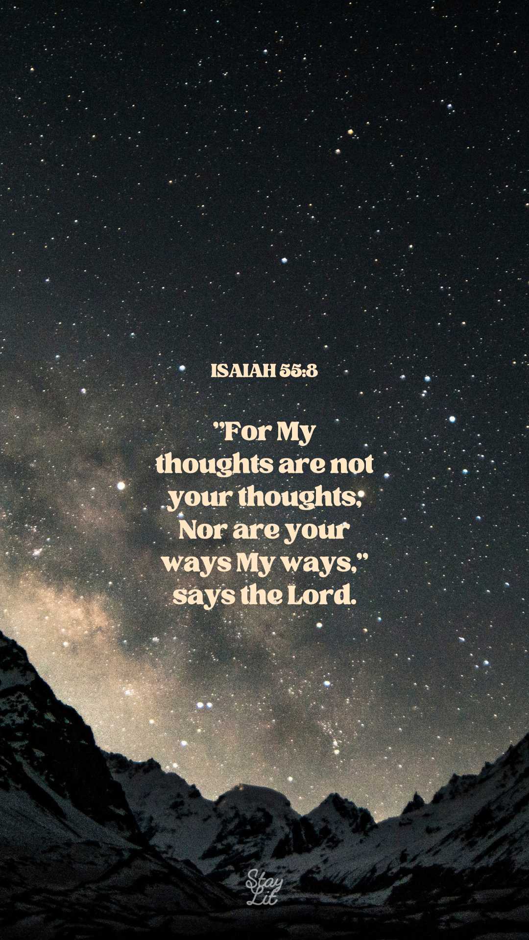Starry night sky with mountainous landscape and Isaiah 55:8 quote.