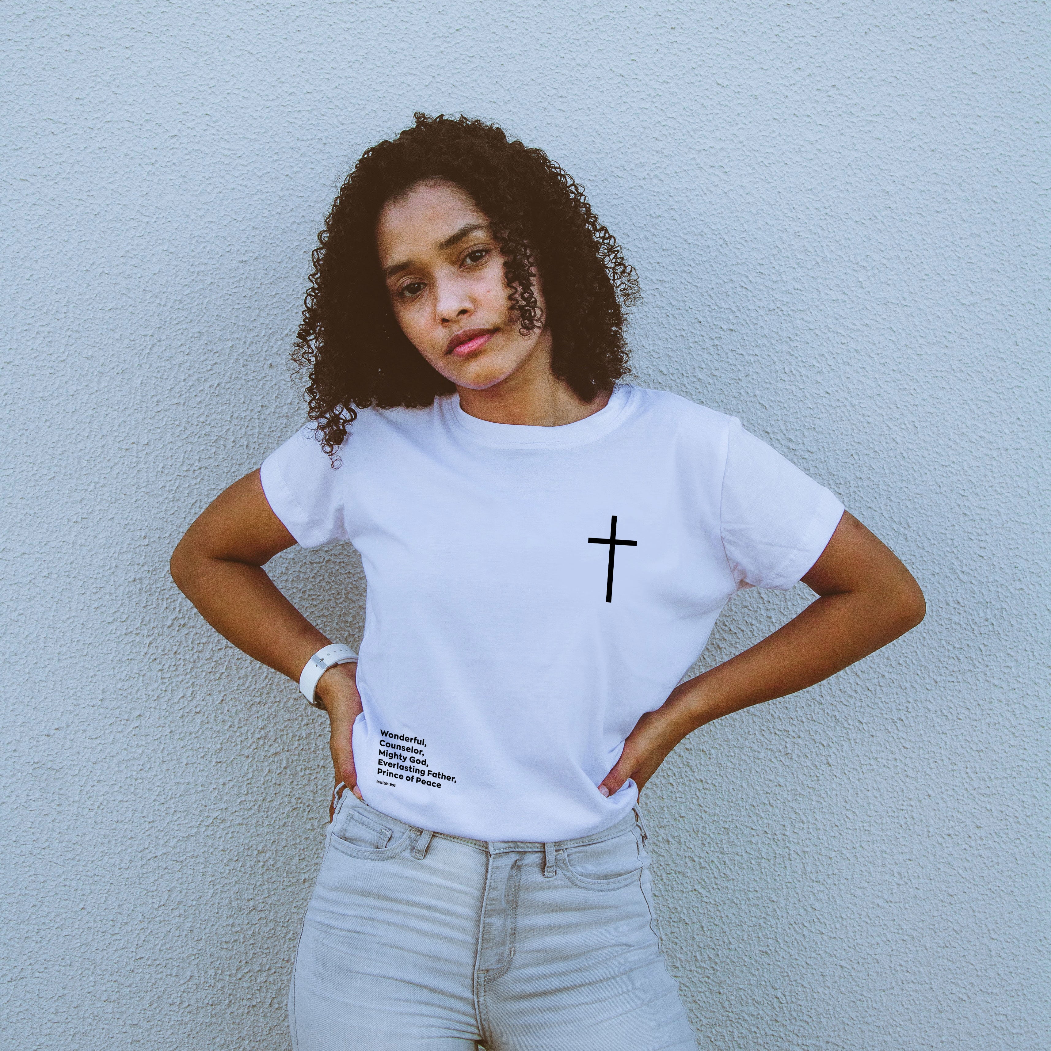 White T-shirt with Isaiah 9:6 Bible Verse by Stay Lit Apparel