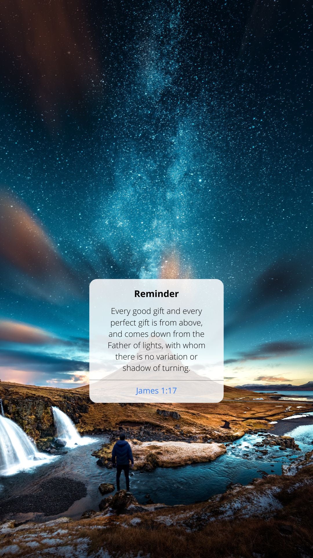 Person standing in a scenic landscape with a text overlay and starry sky.