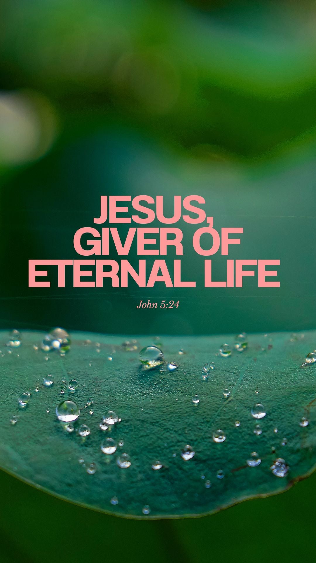 Text 'Jesus, Giver of Eternal Life' with John 5:24 on a green background with water droplets.