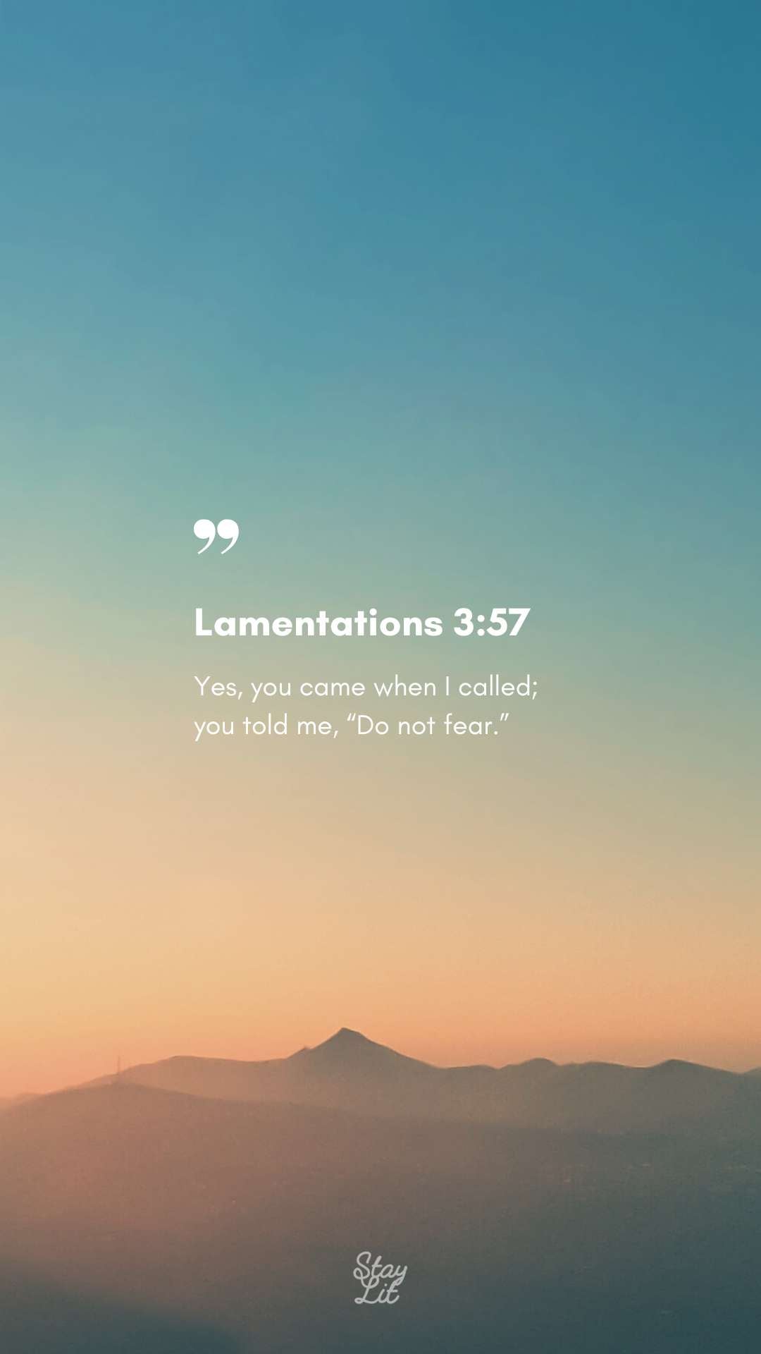 Lamentations 3:57 digital wallpaper with soft sunrise over hills. Scripture art for calming fear and finding reassurance in God.