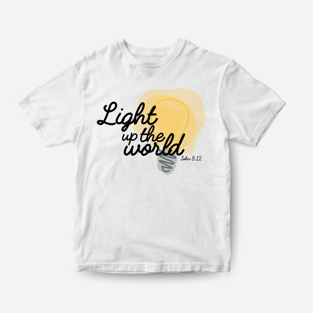 White t-shirt with 'Light up the world' text and light bulb graphic on a white background