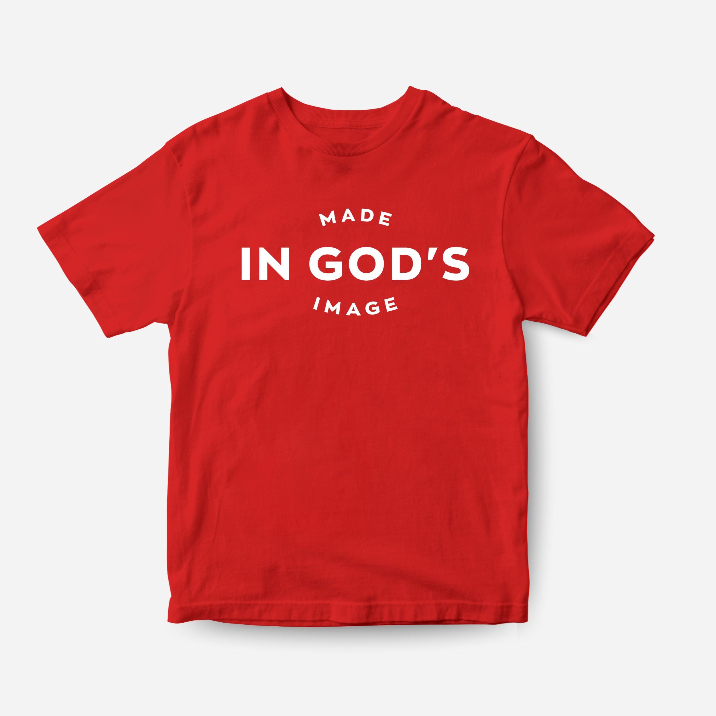 Red t-shirt with 'MADE IN GOD'S IMAGE' text on a white background