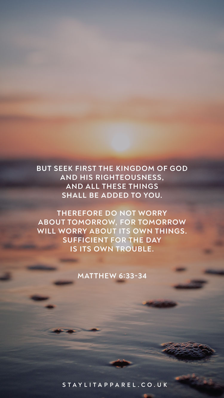 Sunset over water with a quote from Matthew 6:33-34 overlayed. 