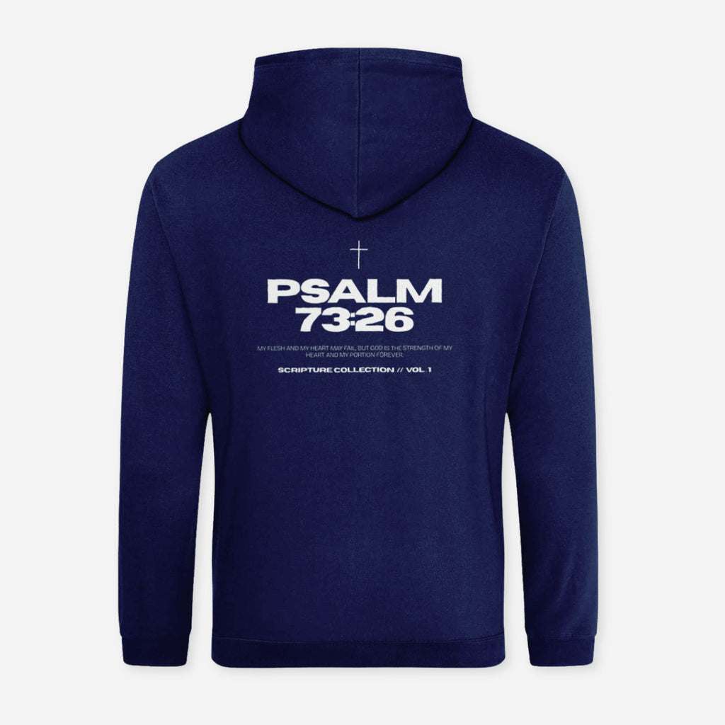 A navy blue zip-up hoodie shown from the back, featuring white printed text that reads 'PSALM 73:26' with a small cross above it and smaller text below reading 'SCRIPTURE COLLECTION / VOL. 1'.