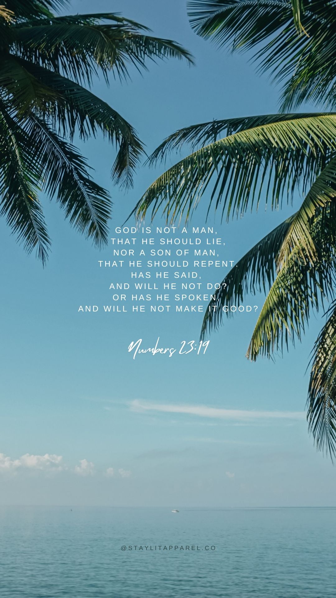 Calm ocean scene with palm trees and a biblical quote on a blue sky background